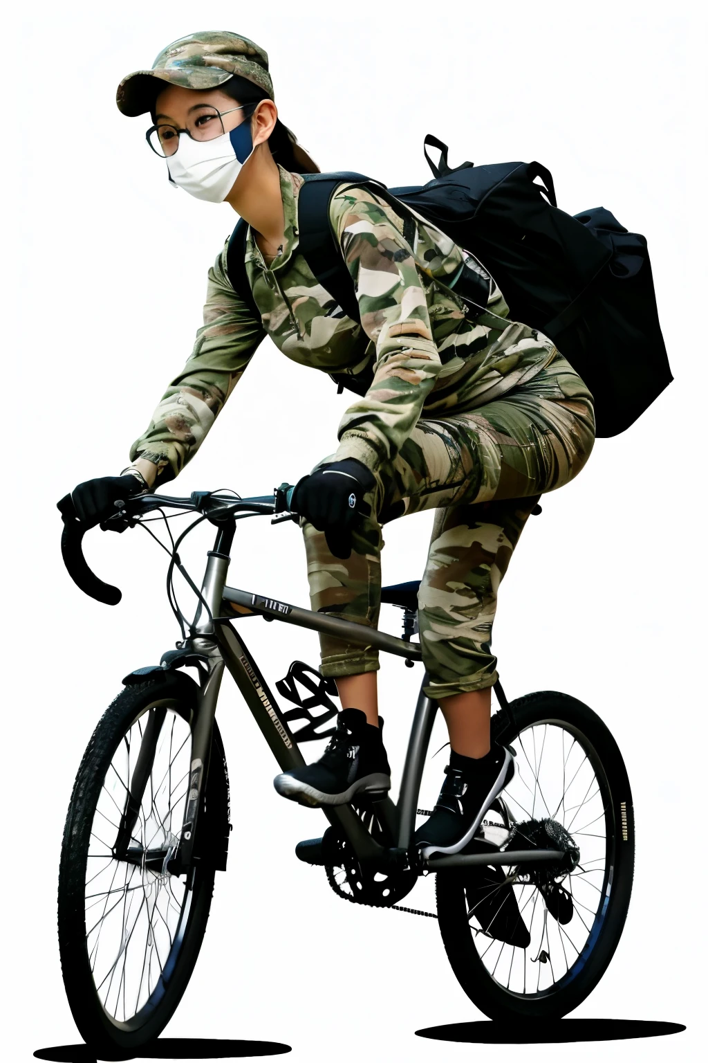Riding a bicycle,Black Hair Ponytail,Black-rimmed glasses,masks,Illustration style,silver bicycle,wearing camouflage clothes,Camouflage suit pants,run across the battlefield,carrying a machine gun,camouflage hat