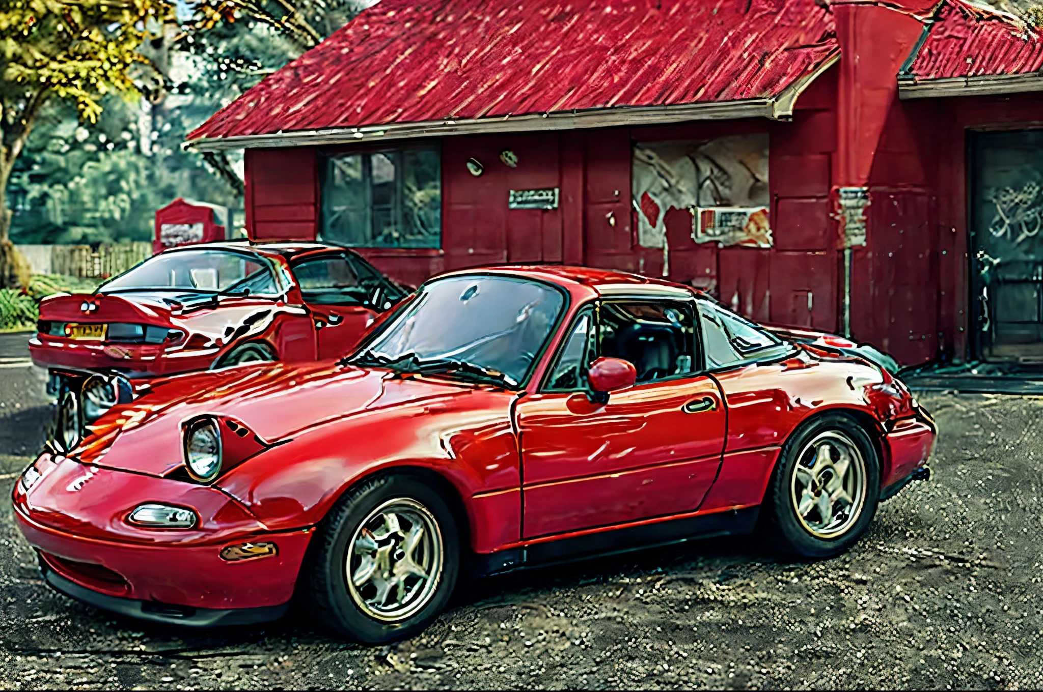 The Allafard RED Porsche 964 is parked in front of the garage, Highly detailed hyperreal retro, Porsche 964, Porsche 964,, Ultra-detailed 3D rendering, Ultra-detailed 3D rendering, Porsche 964, 3D Ultra-Realistic Rendering, veranda, hyper realistic rendering, hyper realistic 3 d render, hyper real render,Mender,tailed,Porsche 964,