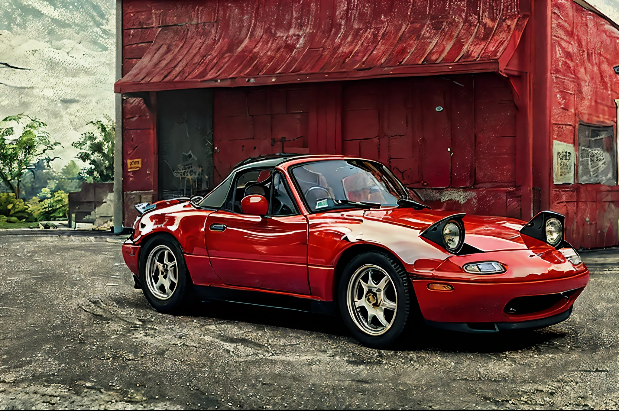 The Allafard RED Porsche 964 is parked in front of the garage, Highly detailed hyperreal retro, Porsche 964, Porsche 964,, Ultra-detailed 3D rendering, Ultra-detailed 3D rendering, Porsche 964, 3D Ultra-Realistic Rendering, veranda, hyper realistic rendering, hyper realistic 3 d render, hyper real render,Mender,tailed,Porsche 964,