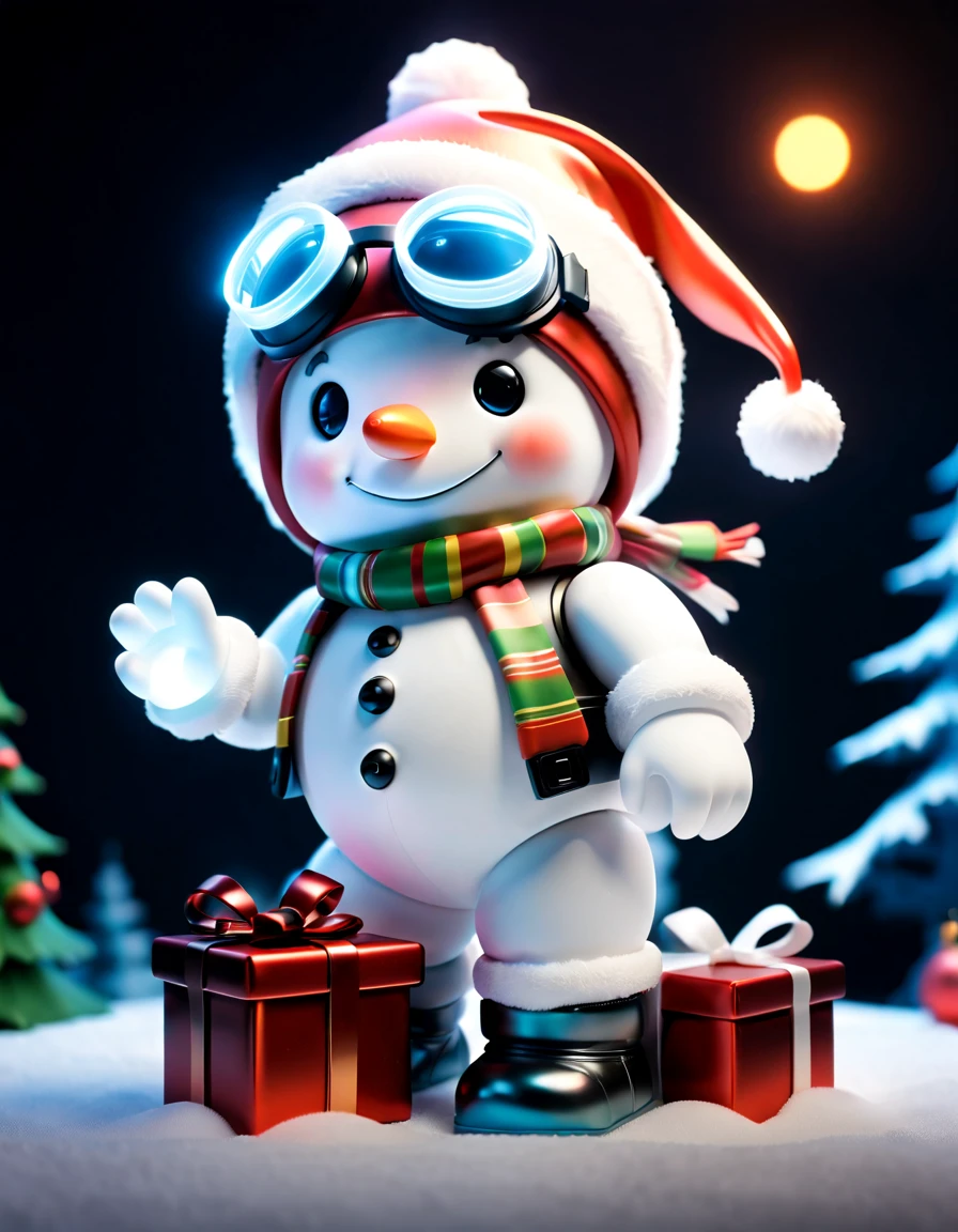 （a blind box toy)，（1 open Christmas gift box），1 transparent cute Christmas snowman，Transparent mech，Exquisite Christmas hat：1.2，Luminous goggles：1.2，cyber punk personage，Dreamy glow，white backgrounid，（globalillumination，Ray tracing，HDR，Unrealistic rendering，Rational design，high detal，tmasterpiece，best qualityer，hyper HD，电影灯光）