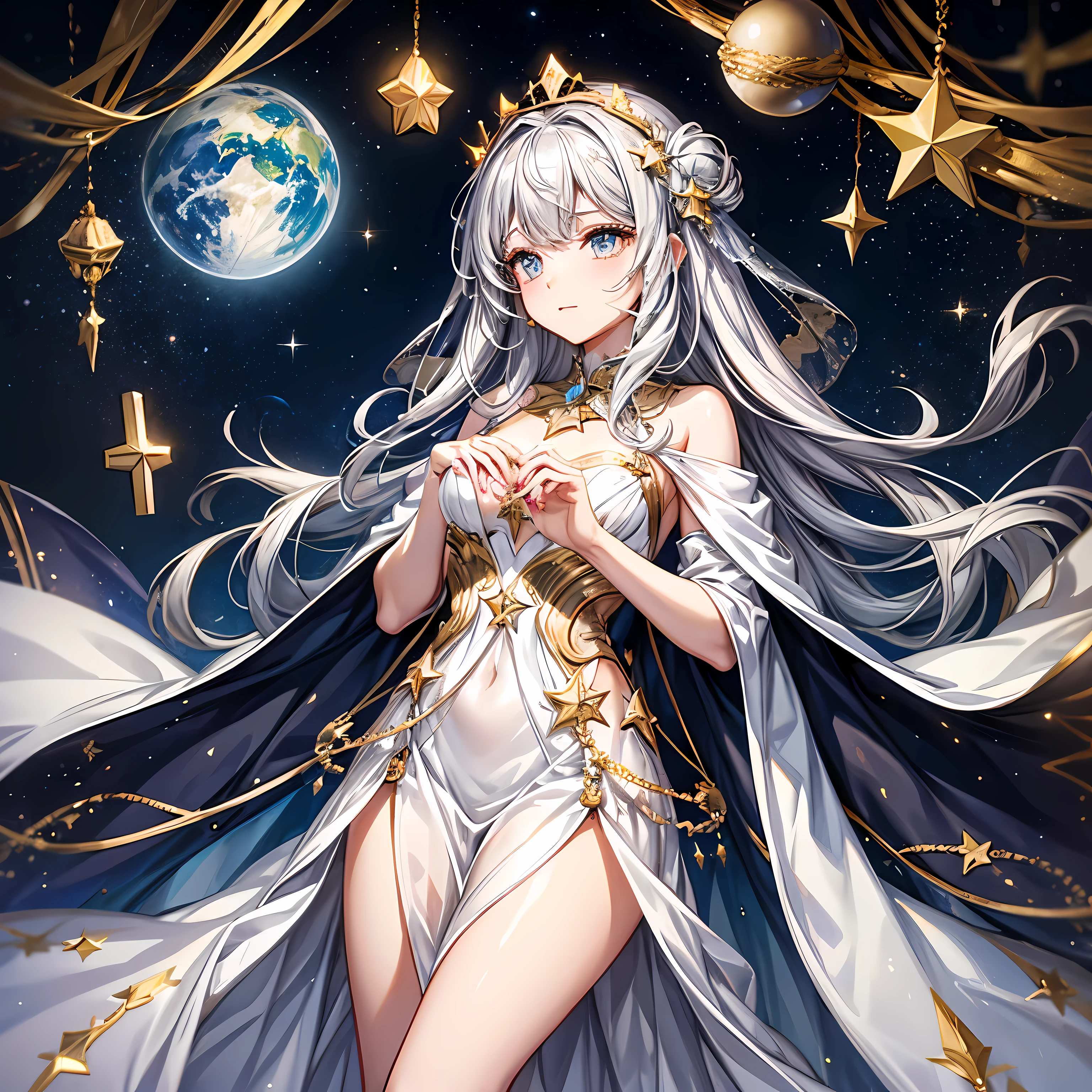 //character 1 girl,
BREAK
//fashion celestial christmas constellations,
Celestial print maxi dress with stars, satellite, and constellations,
have a cosmic effect、Sheer cape or shawl with twinkling LED lights,
Silver or gold metal accessories inspired by planets,
BREAK
Crown adorned with stars and celestial elements,
Glitter makeup using star-shaped face jewels,
Luminous body glitter creates a fantastic glow,
BREAK