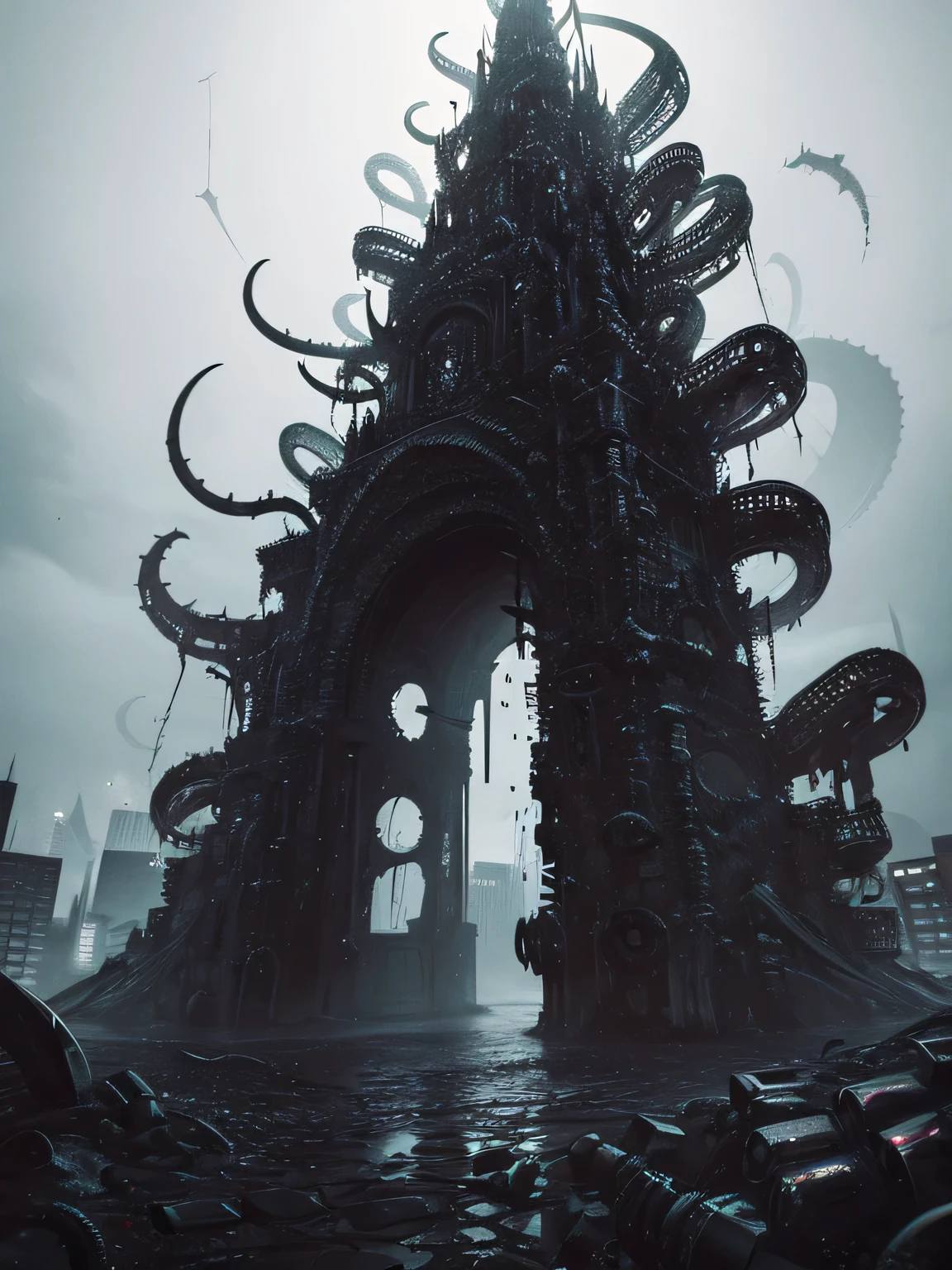 A brutal battle, Dead and sicks and zombies fighting each other, under a biomechanical arch of horror gateway, brutality, cosmic horror, tentacles, dark environment, night, horror, blood, fantastic, fear, panic, despair. Under a cloudy sky of disgrace. Horror art, unreal engine, UHD, sketch color drawing. Illustration by Derek Riggs.