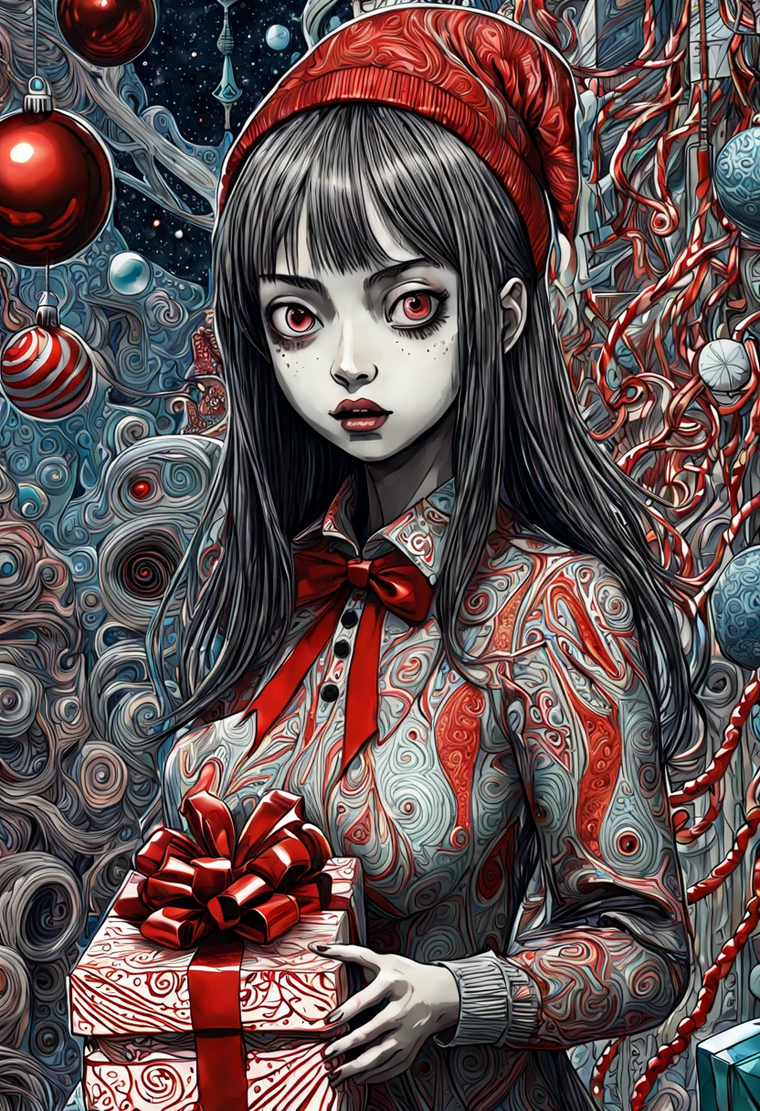 concept art, (by Junji Ito:1.4), girl with Christmas gift, abstract, intricate, (masterpiece, Representative work, official art, Professional, unity 8k wallpaper:1.3)