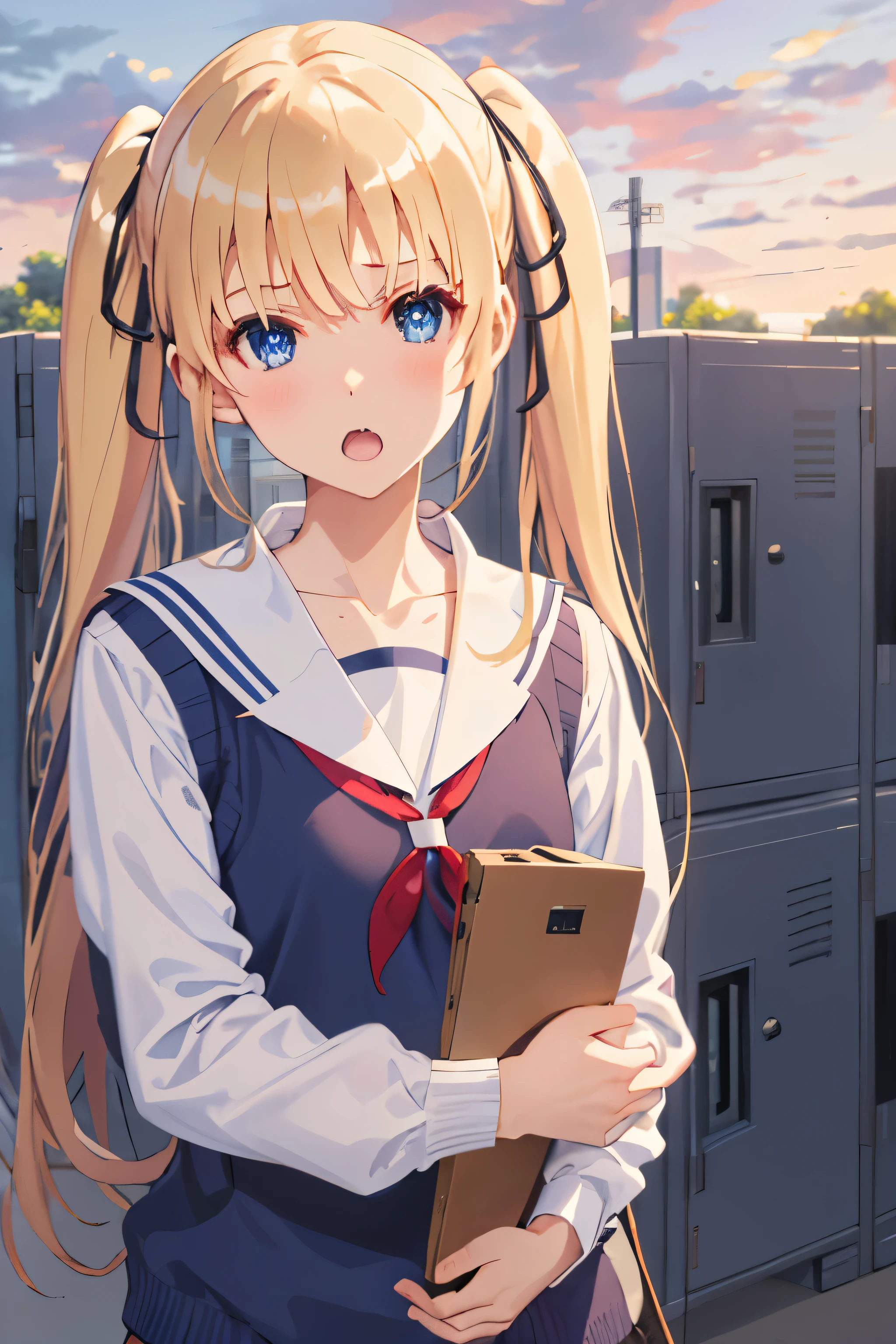 ph_eriri, sawamura spencer eriri, 1girl, blonde hair, blue eyes, school uniform, twintails, solo, fang, long hair, open mouth, hair ribbon, locker, anime coloring, parody, serafuku, blush, bangs, sweater vest, black ribbon, cloudy sky, sky, trees, (masterpiece:1.6, best quality), (finely detailed beautiful eyes: 1.2),
, (masterpiece:1.6, best quality), (finely detailed beautiful eyes: 1.2),
