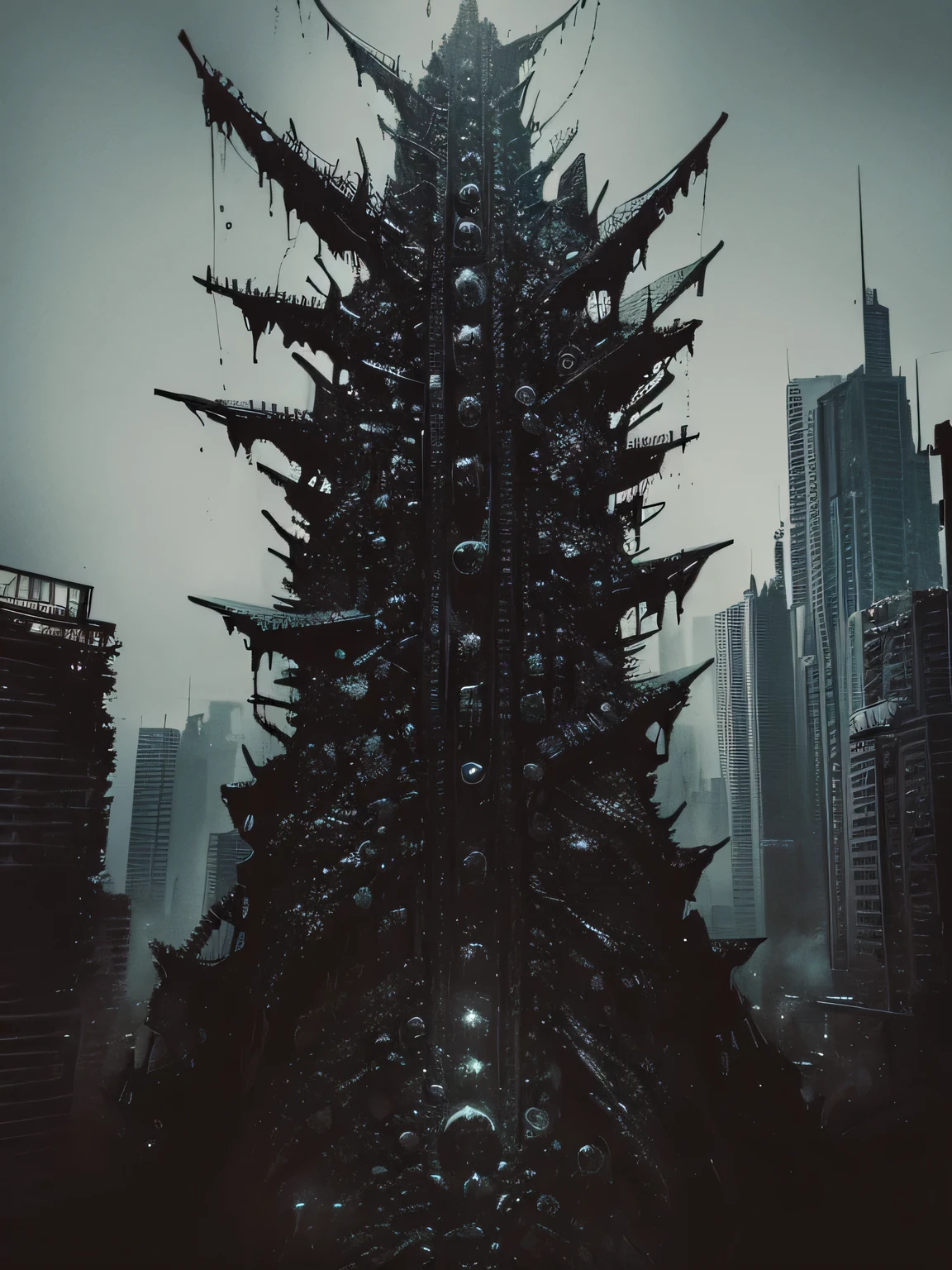 (horror art), darkness tentacle horror cityscape, (black crystals), black oil fluids, Hooks, (mechanical Hooks), highly detailed art