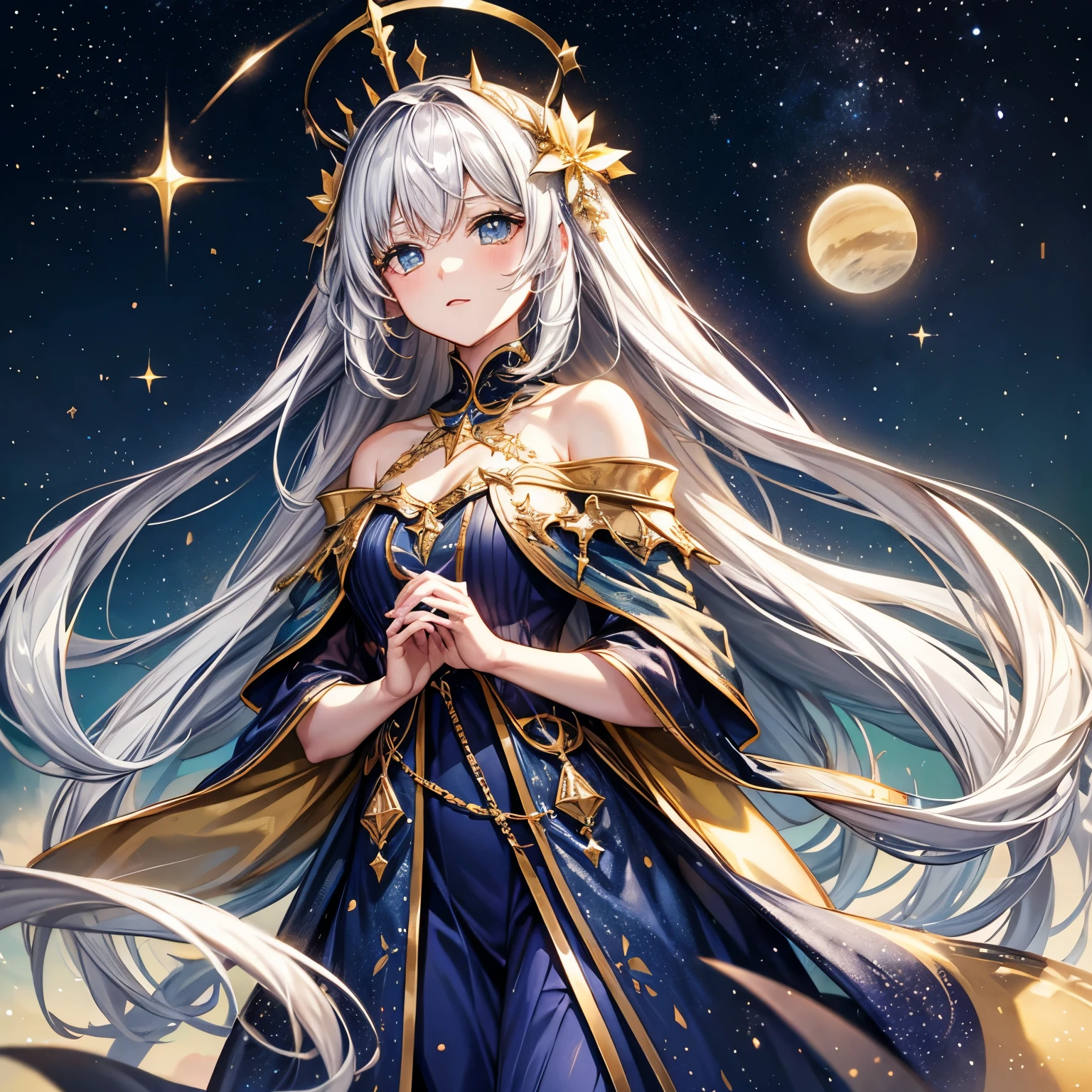 //Character

1girl,

BREAK

//Fashions

Celestial Christmas Constellation,

Maxi dress with a celestial print

featuring stars, moons, and constellations,

Sheer cape or shawl with twinkling

LED lights for a cosmic effect,

Silver or gold metallic accessories

resembling planets,

BREAK

Crown adorned with stars and celestial elements,

Glittering makeup with star-shaped face jewels,

Luminescent body glitter for an ethereal glow,

BREAK
