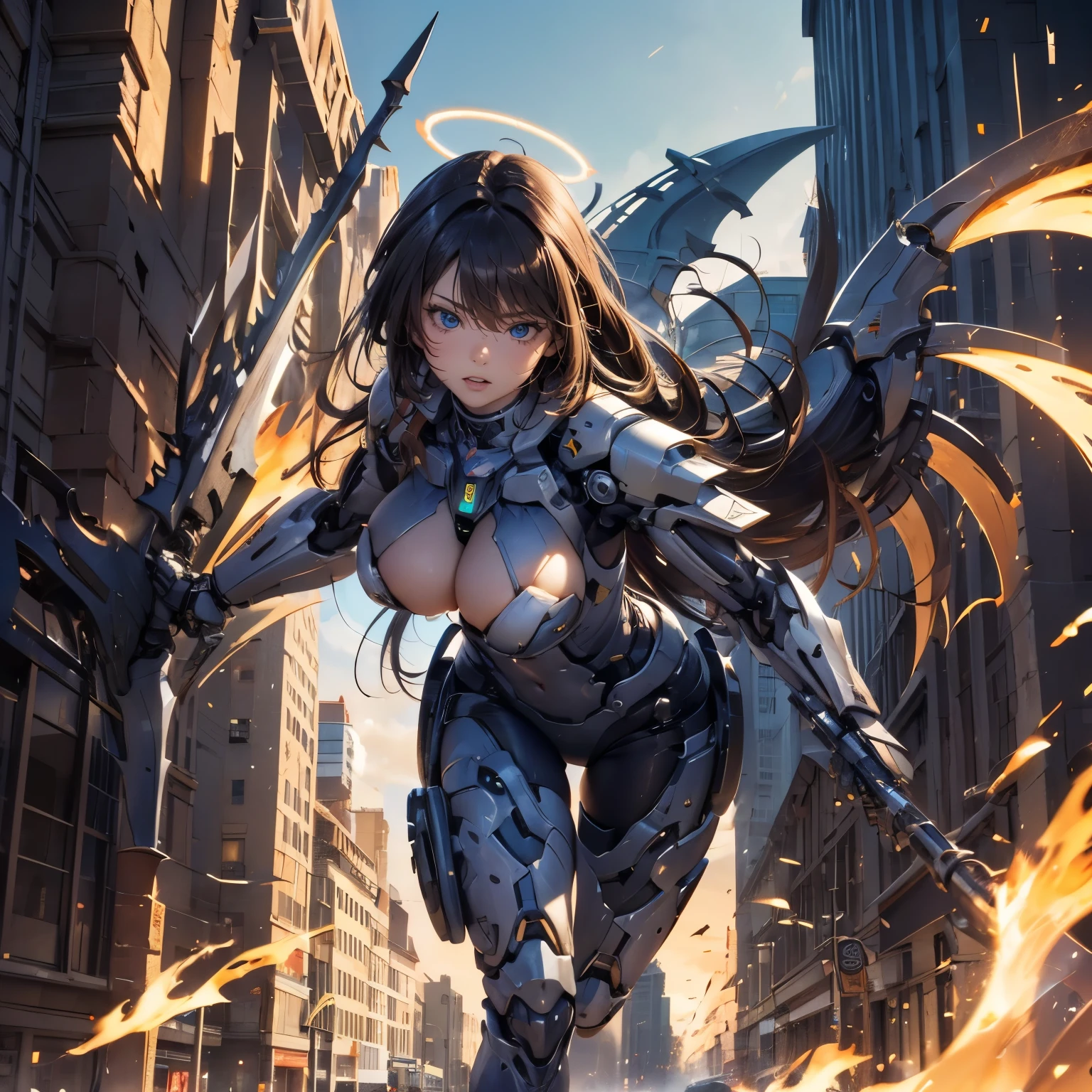 (((battle, mechanical suit))), detailed face, super low angle, (((mechanical, complex body, she attacks using a giant axe against the huge god's weapon))), drooping eyes, sleepy face, open legs, (small breasts), (thin thighs), ((halo)), (flying above the city), flame, ((destroying the city)), she has many wings,