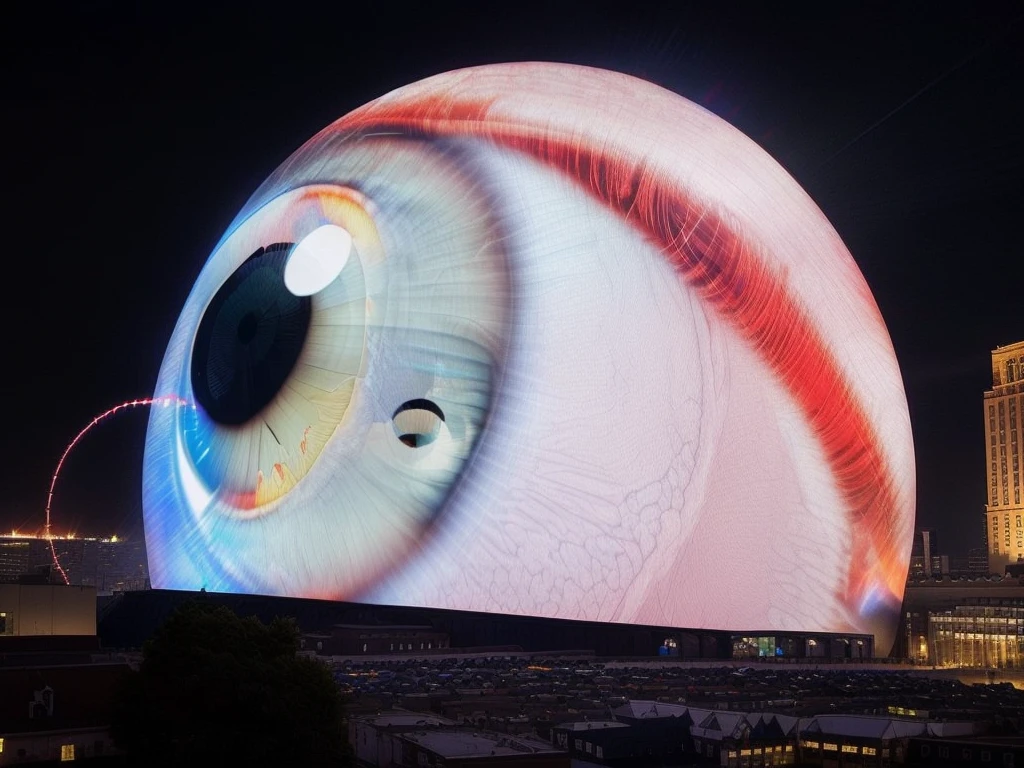 arafed image of a large eye with a building in the background, giant eyeball, techno eye, 3 6 0 projection, eyes are multicolored led screen, eyeball, giant eyeballs, projection mapping, giant led screens, eye cyberpunk bionics, robotic eye, glowing mechanical eye, glowin eye, glowing eye, big eye, giant video screens