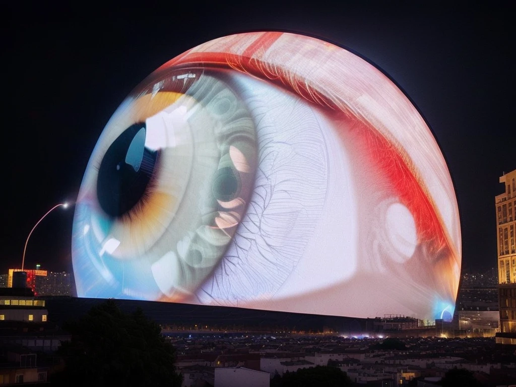 arafed image of a large eye with a building in the background, giant eyeball, techno eye, 3 6 0 projection, eyes are multicolored led screen, eyeball, giant eyeballs, projection mapping, giant led screens, eye cyberpunk bionics, robotic eye, glowing mechanical eye, glowin eye, glowing eye, big eye, giant video screens
