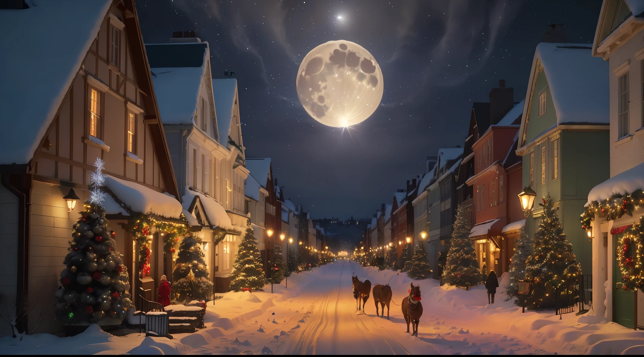 (best quality,4k,8k,highres,masterpiece:1.2),ultra-detailed,(realistic,photorealistic,photo-realistic:1.37),Christmas city street,beautifully decorated buildings,glistening snow-covered roads,joyful and festive atmosphere,colorful Christmas lights,cosy cafes and shops,children playing in the snow,people walking hand in hand,warm glow of street lamps,Christmas carols filling the air,horse-drawn carriages passing by,smell of freshly baked cookies and hot chocolate,flurries of snowflakes dancing in the air,perfectly decorated Christmas trees,wonderful Christmas decorations adorning every corner,elegant ice sculptures,laughter and happiness everywhere,enchanted winter wonderland,magical Christmas spirit,peace and harmony in the city,delightful winter scenes,captivating night sky with twinkling stars and a full moon,memories of love and togetherness,hearts filled with joy,Christmas miracles happening everywhere.