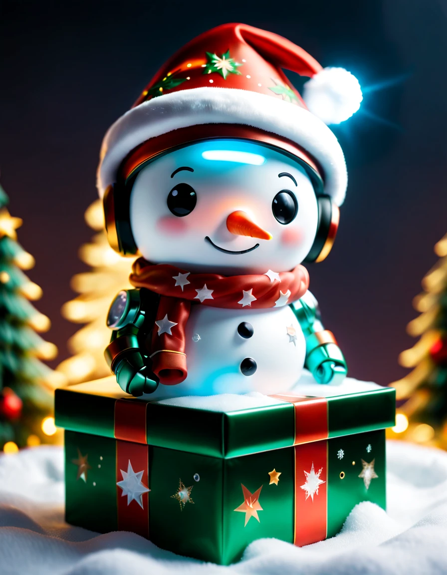 (a blind box toy),(((1 Christmas gift box with lid opened,There is a transparent and cute Christmas snowman inside))),Transparent mech,Exquisite Christmas hat,Luminous goggles,cyber punk personage,Dreamy glow,white backgrounid,(globalillumination,Ray tracing,HDR,Unrealistic rendering,Rational design,high detal,tmasterpiece,best qualityer,hyper HD,电影灯光)