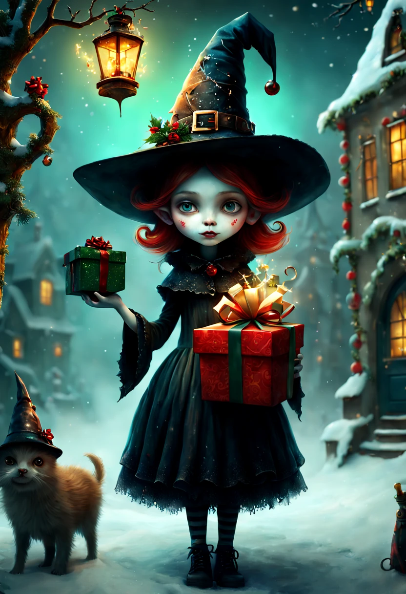 (by Alexander Jansson:1.4), girl with Christmas gift, Witch hat, intricate, (masterpiece, Representative work, official art, Professional, unity 8k wallpaper:1.3)