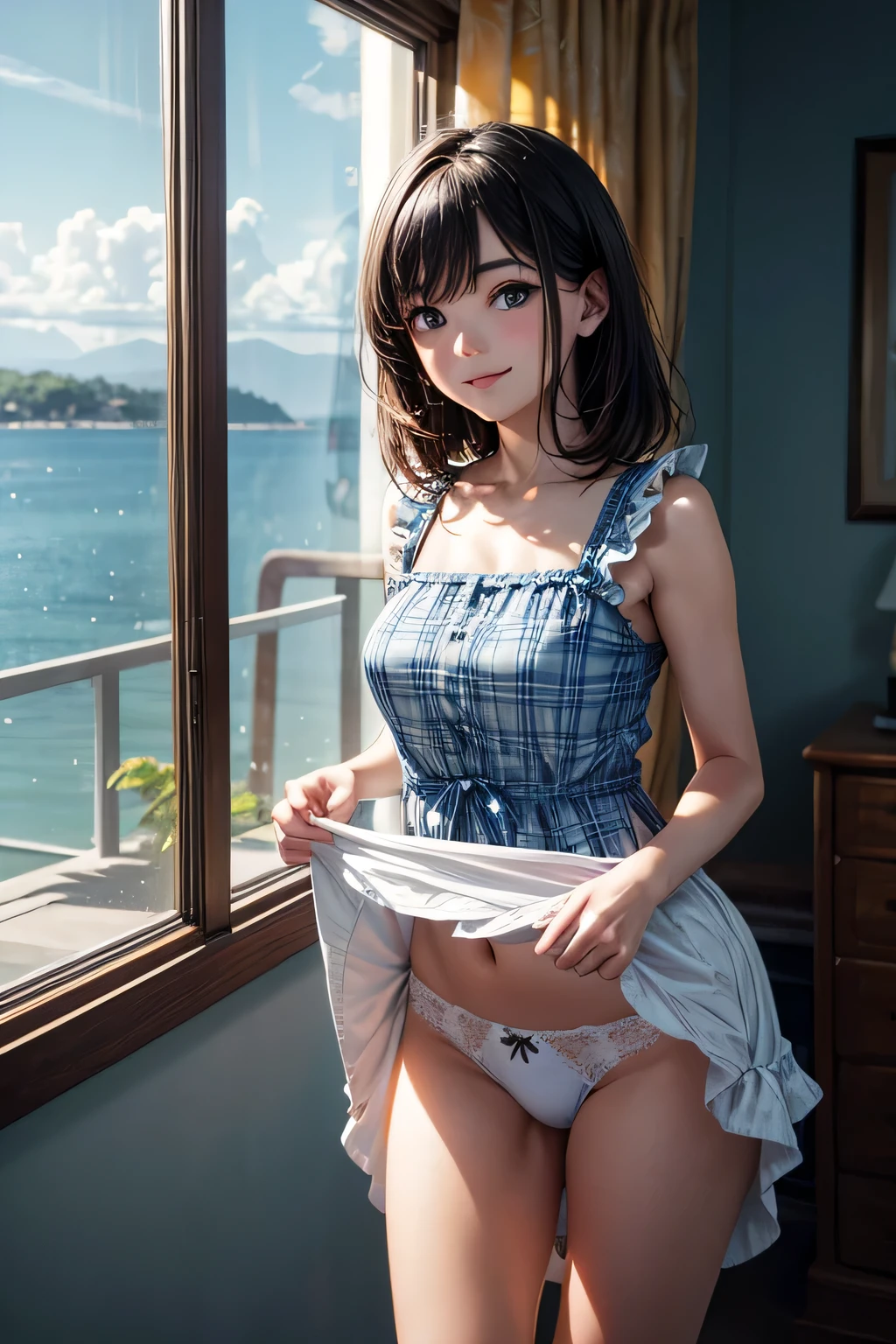 very cute and beautiful girl standing near the window,Blue plaid summer dress with detailed ruffles,Sleeveless,(Skirt lift,White panties), (very detailed beautiful face and eyes:1.2),Antique hotel bedroom with outside view,Distant trees々and the sea, Cowboy Shot,Smile,Medium Hair,Black hair,Dynamic Angle,(Best Quality,masutepiece:1.2),(Intricate details), Extremely detailed,hight resolution,1 girl,Solo,Natural lighting,light Particle,Beautiful detailed sky,