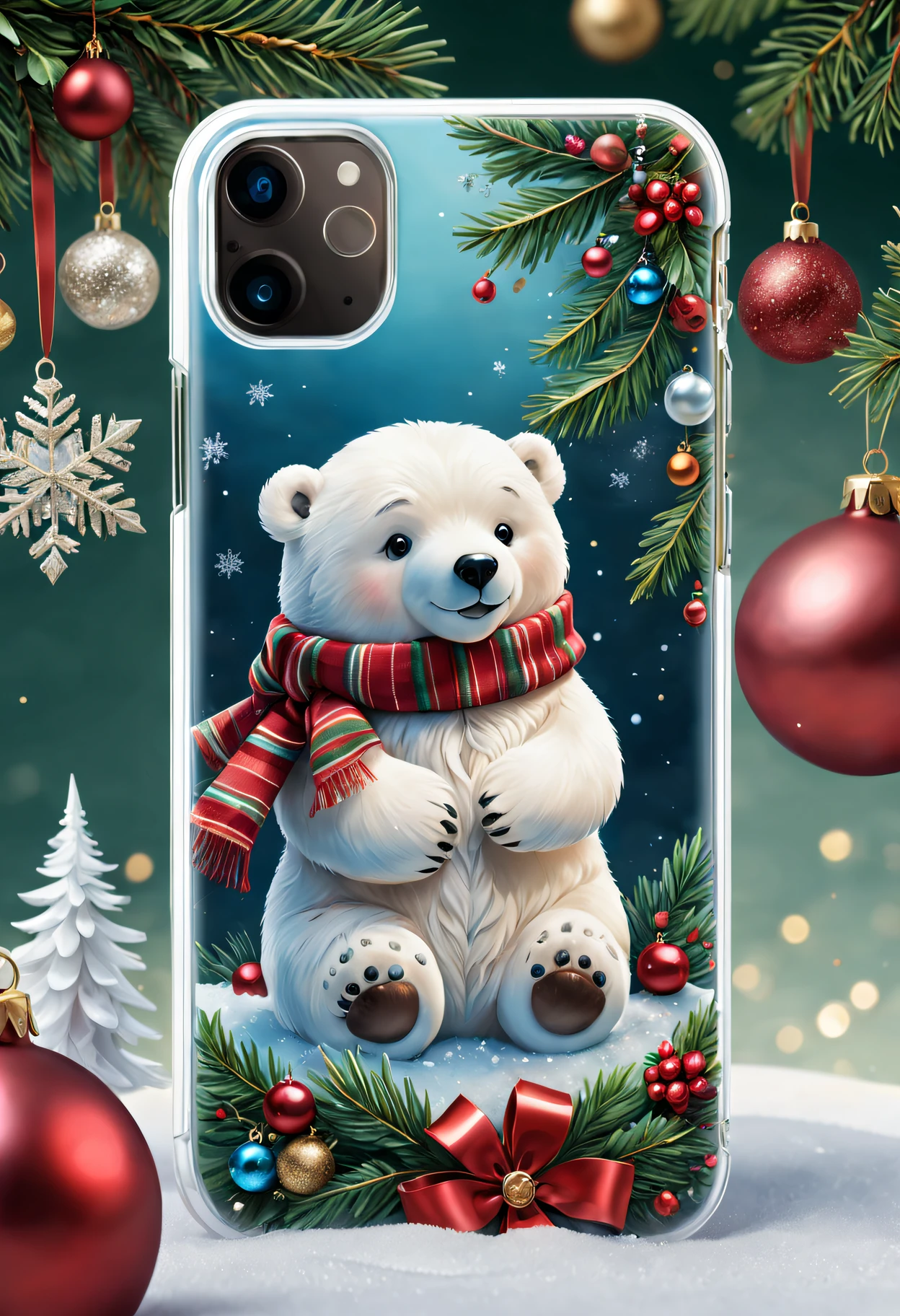 (Best quality at best,4K,8K,A high resolution,tmasterpiece:1.2),ultra - detailed,(actual,photoactual,photo-actual:1.37),Christmas gifts,Christmas phone case,Christmas themed illustrations and designs,Complicated details,Sparkling and vibrant colors,Sparkling lights embellishment,Ornaments and ribbons,delicate snowflakes,Holly leaves and berries,sparkling winter landscape,A joyful and festive atmosphere,toy polar bear,Cute Snowman,Delightful Christmas tree,Merry Christmas typography,Comfortable and warm background,The texture is soft and smooth,High quality glossy finish,Perfectly adapted to mobile phones,Quality materials,delicate craftsmanship,limited edition design,delicate craftsmanship细节,Reflection and transparency effects,clear image quality,Precise cutouts for buttons and ports,Unique and eye-catching patterns,A great holiday gift for friends and loved ones.
