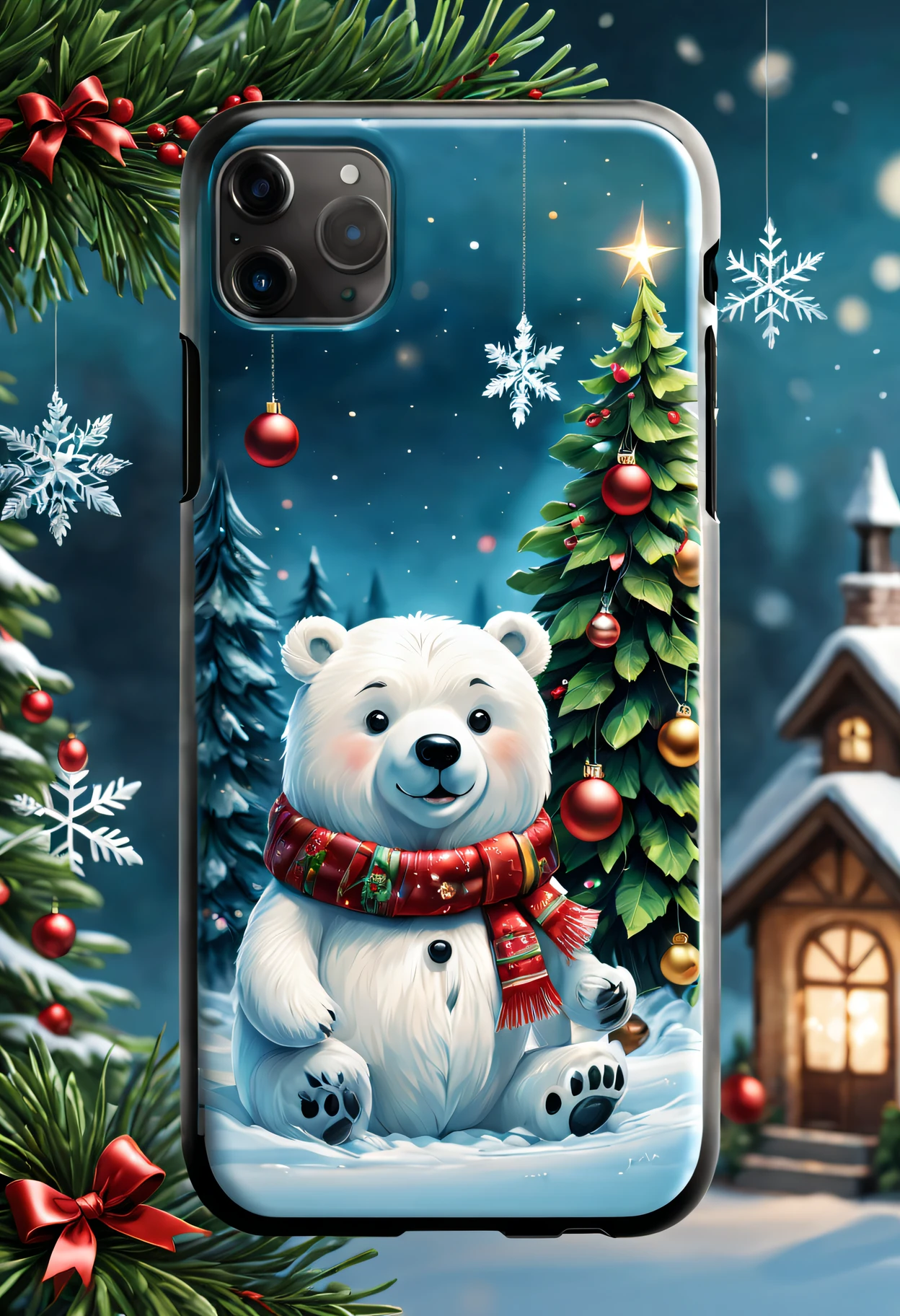 (Best quality at best,4K,8K,A high resolution,tmasterpiece:1.2),ultra - detailed,(actual,photoactual,photo-actual:1.37),Christmas gifts,Christmas phone case,Christmas themed illustrations and designs,Complicated details,Sparkling and vibrant colors,Sparkling lights embellishment,Ornaments and ribbons,delicate snowflakes,Holly leaves and berries,sparkling winter landscape,A joyful and festive atmosphere,toy polar bear,Cute Snowman,Delightful Christmas tree,Merry Christmas typography,Comfortable and warm background,The texture is soft and smooth,High quality glossy finish,Perfectly adapted to mobile phones,Quality materials,delicate craftsmanship,limited edition design,delicate craftsmanship细节,Reflection and transparency effects,clear image quality,Precise cutouts for buttons and ports,Unique and eye-catching patterns,A great holiday gift for friends and loved ones.