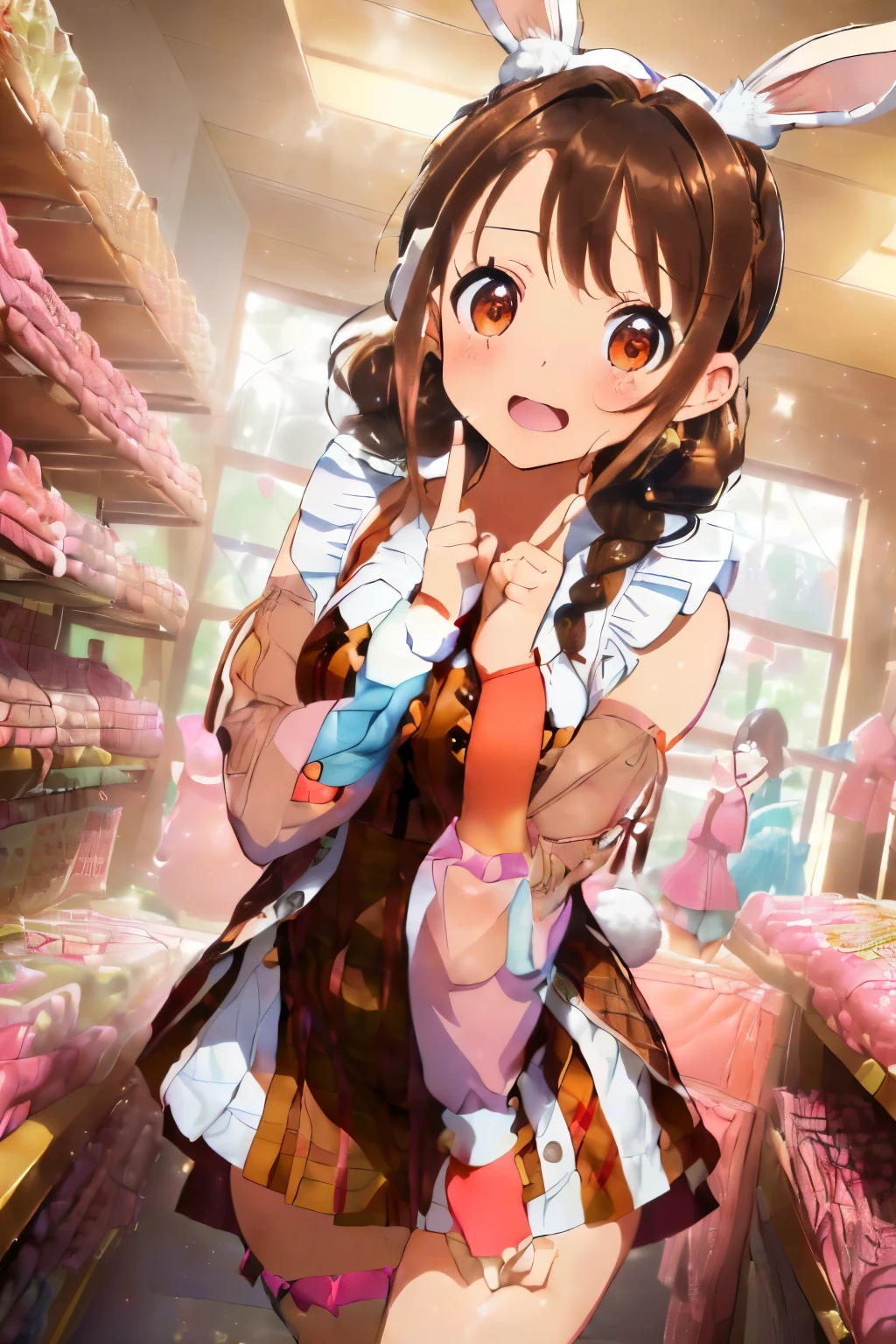 (Brown hair:1.3),(Braided shorthair:1.3),(With bangs),(Brown eyes:1.3),(Eye size:1.6),(My eyes are shining like stars:1.25),(plaid hair band:1.4),(Ivory colored dress:1.4),(One piece is sleeveless:1.5),(Sheer black puff sleeve innerwear:1.35),(long-sleeve:1.6),(pleatedskirt:1.3),(switching color:1.5),(Apparel clerk),(Stylish and cute clothing store:1.45),Slight red tide,Laughing with open mouth,(Naughty look:1.3),(Working in customer service),(Inside the clothing store, there are pinks, reds, whites, oranges, greens, and blues.:1.3),(Usamimi:1.5),(Rabbit tail:1.5),(close up of face:1.5),(NSFW:1.4),(holding up three fingers:1.5)