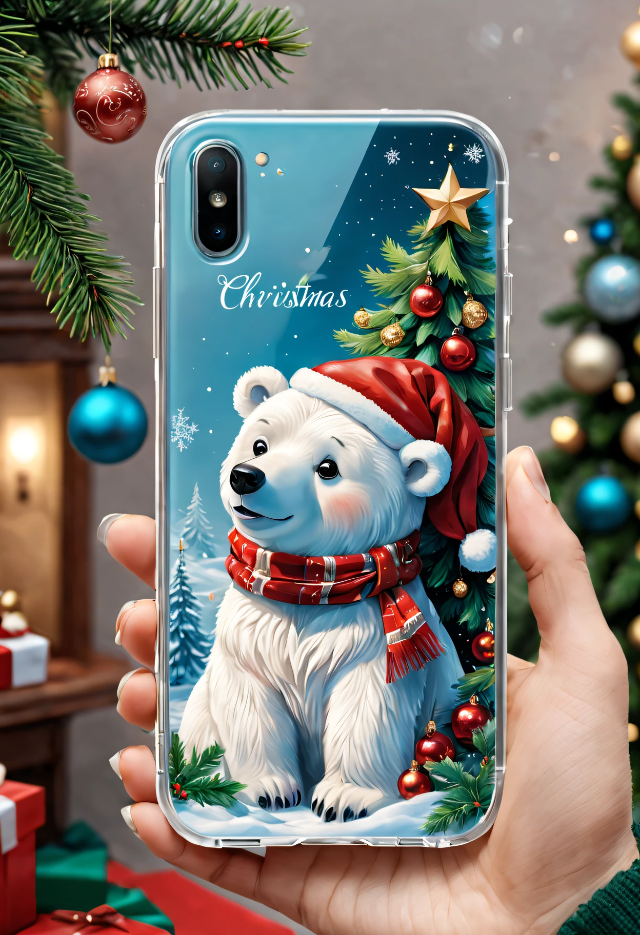 (Best quality at best,4K,8K,A high resolution,tmasterpiece:1.2),ultra - detailed,(actual,photoactual,photo-actual:1.37),Christmas gifts,Christmas phone case,Christmas themed illustrations and designs,Complicated details,Sparkling and vibrant colors,Sparkling lights embellishment,Ornaments and ribbons,delicate snowflakes,Holly leaves and berries,sparkling winter landscape,A joyful and festive atmosphere,toy polar bear,Cute Snowman,Delightful Christmas tree,Merry Christmas typography,Comfortable and warm background,The texture is soft and smooth,High quality glossy finish,Perfectly adapted to mobile phones,Quality materials,delicate craftsmanship,limited edition design,delicate craftsmanship细节,Reflection and transparency effects,clear image quality,Precise cutouts for buttons and ports,Unique and eye-catching patterns,A great holiday gift for friends and loved ones.