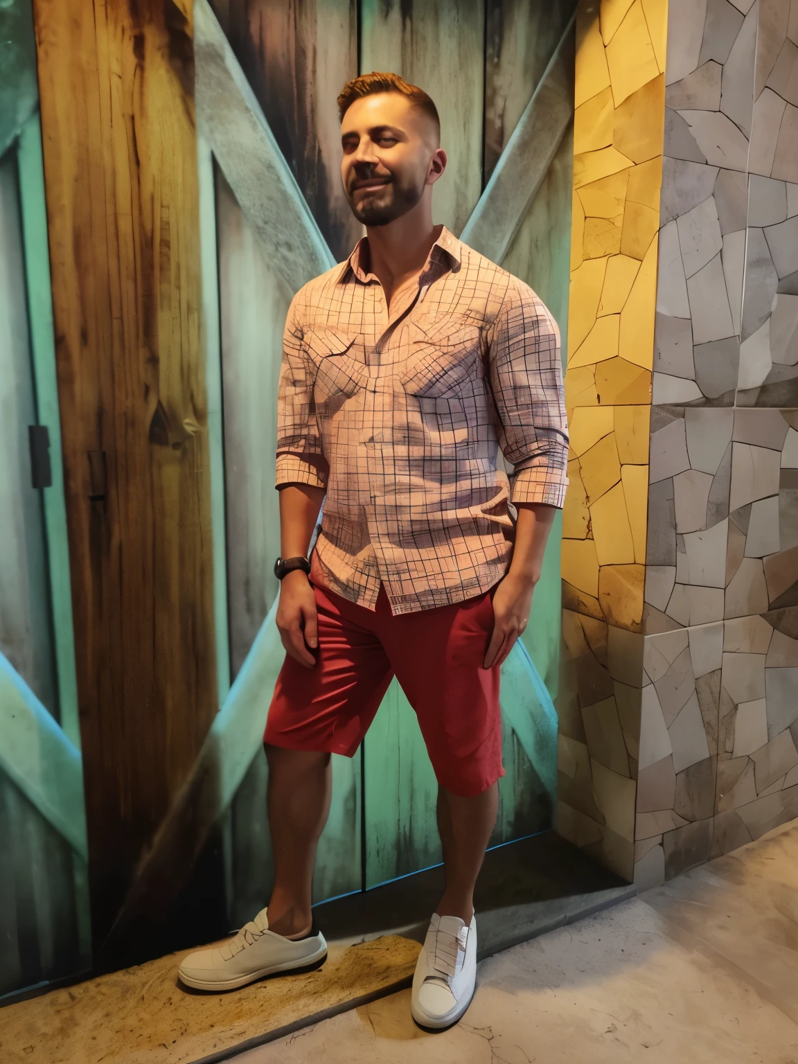 man framed in front of a wooden door with a wall behind him, vestindo shorts vermelhos, full body photogenic shot, Vestido casualmente, vestido casualmente, imagem de corpo inteiro, vestindo uma camisa vermelha de lenhador, aparecer em um shopping center, standing in a restaurant, com uma pose cool, Pose casual, cerca de 3 5 anos, red shirt brown pants