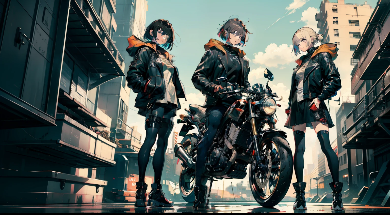 cyberpunked、girl with、mechanic、comical、Anime style、Gray and dark hair、motor bikes、Rider Jacket、punk coloring、sity、ナイトsity、group