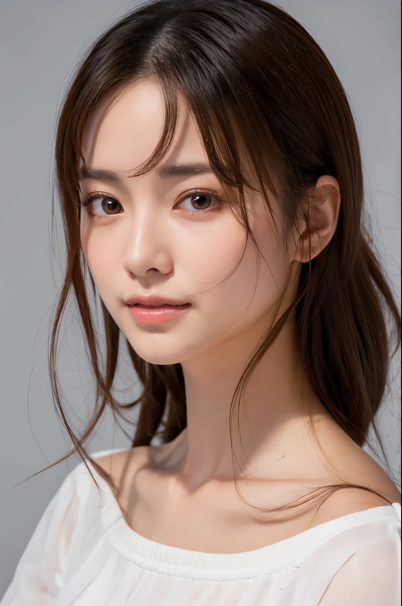(RAW photo, bestquality), (Realistic, real light:1.3), Masute Piece, Extremely Delicate and Beautiful, Soft light, (brunette hair, Shoulder-length straight hair swaying in the wind.), Beautiful Detailed Girl, (detailed fingers), very detailed eyes and face, beautiful detailed nose, beautiful detail eyes, 1 girl, japan, Neat and clean beauty, kawaii, young, dress shirt, trousers, (half body portrait:1.3), (mediuml breasts), realistic face, realistic body,