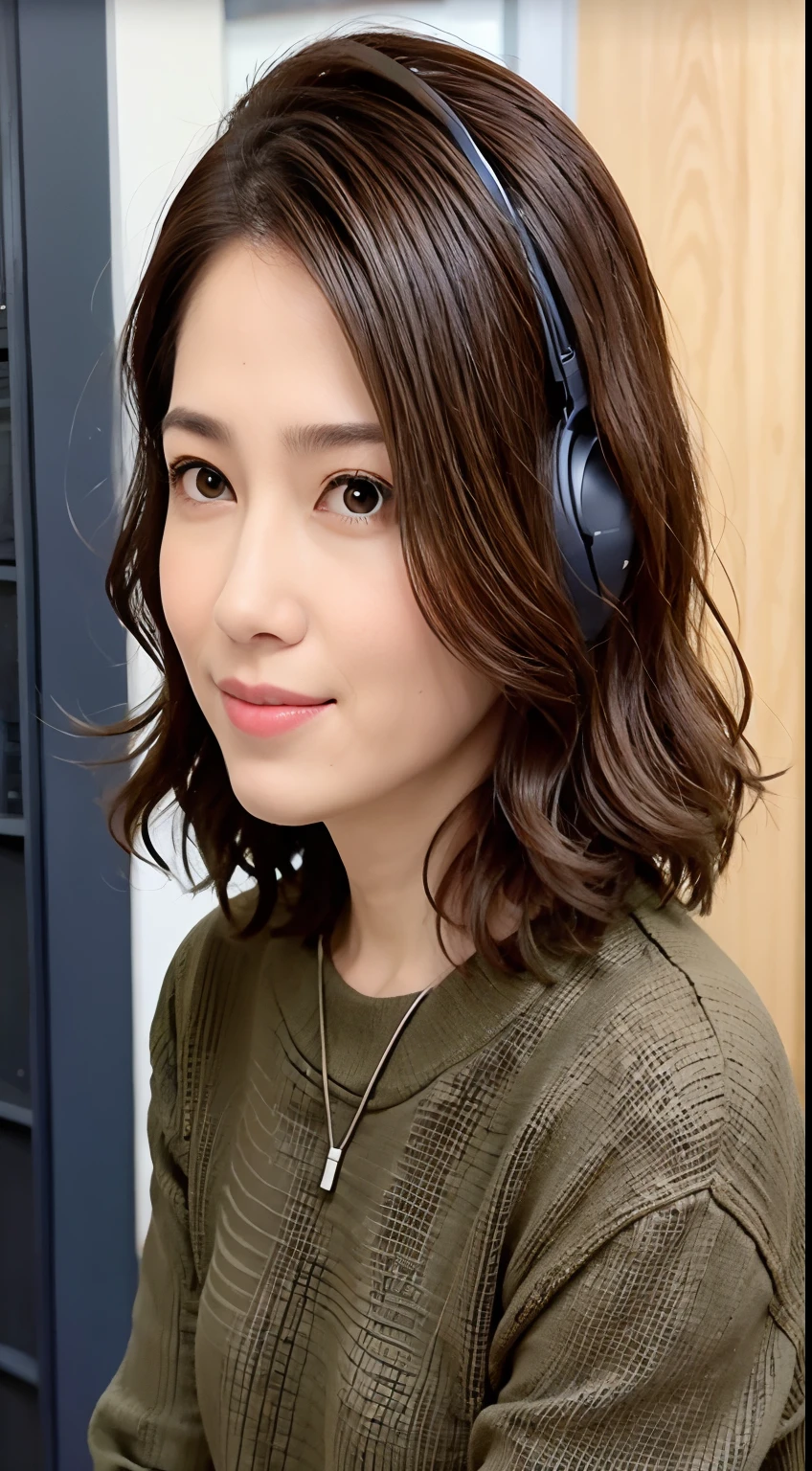 Base hair color is dark brown with headphones、White background