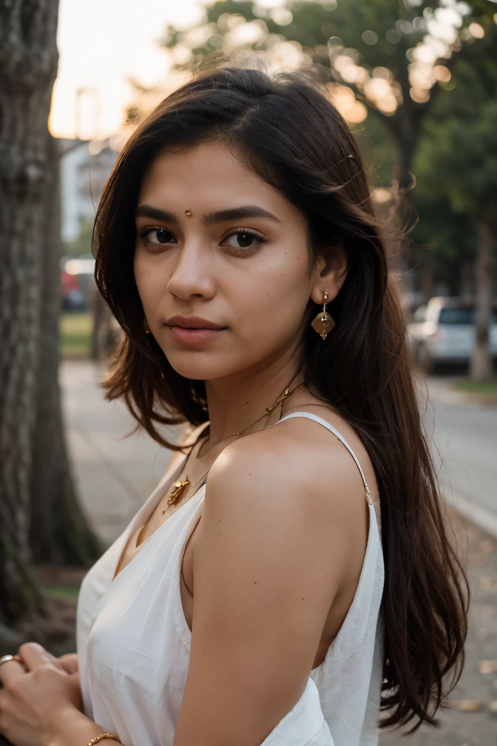 1 indian girl, blurry background, depth of field, earrings, hair over one eye, jewelry, lips, long hair, necklace, ring, solo, sunlight, sunset, golden hours, tree, upper body,  , (extremely symmetrical perfect face)