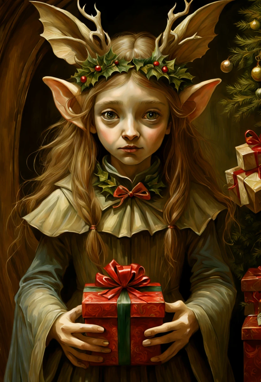 (by Brian Froud:1.4), girl with Christmas gift, intricate, (masterpiece, Representative work, official art, Professional, unity 8k wallpaper:1.3)