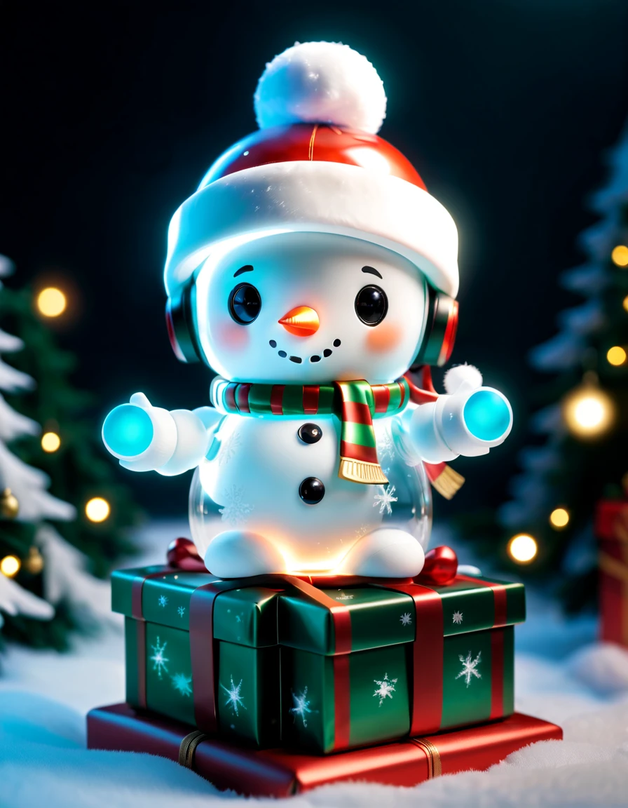 (a blind box toy),(((1 opened Christmas gift box,There is a transparent and cute Christmas snowman inside))),Transparent mech,Exquisite Christmas hat,Luminous goggles,cyber punk personage,Dreamy glow,white backgrounid,(globalillumination,Ray tracing,HDR,Unrealistic rendering,Rational design,high detal,tmasterpiece,best qualityer,hyper HD,电影灯光)