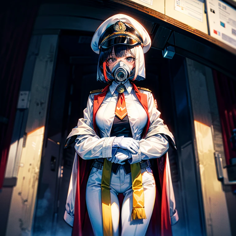 (((masterpiece)))、(((top-quality)))、((highly detailed unity 8kwall-paper))、(Illustration of one woman)、30-years old、(Viceroy)、Black hair bob cut、((Face covering gas mask))、Gray eyes、((Sanpaku eyes))、((Tall))、((huge tit))、((Military uniforms))、((Military Cap))、((Military coat))、(white clothes)、(White pants)、(White cap)、trench coat、((Inside the spaceship))