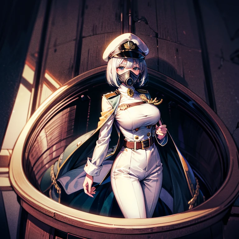 (((masterpiece)))、(((Top image quality)))、(((top-quality)))、((highly detailed unity 8kwall-paper))、(Illustration of one woman)、30-years old、(Viceroy)、Black hair bob cut、((Face covering gas mask))、Gray eyes、((Sanpaku eyes))、((Tall))、((huge tit))、((Military uniforms))、((Military Cap))、((Military coat))、(white clothes)、(White pants)、(White cap)、trench coat、((Inside the spaceship))