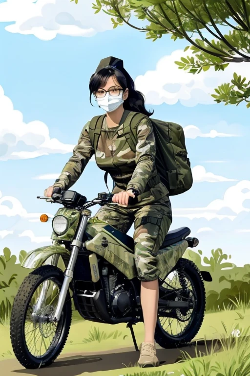 Riding on a silver mamachari,Black Hair Ponytail,Black-rimmed glasses,masks,Illustration style,riding a silver bicycle,wearing camouflage clothes,Camouflage suit pants,camouflage hat,forest battlefield,carry a back machine gun