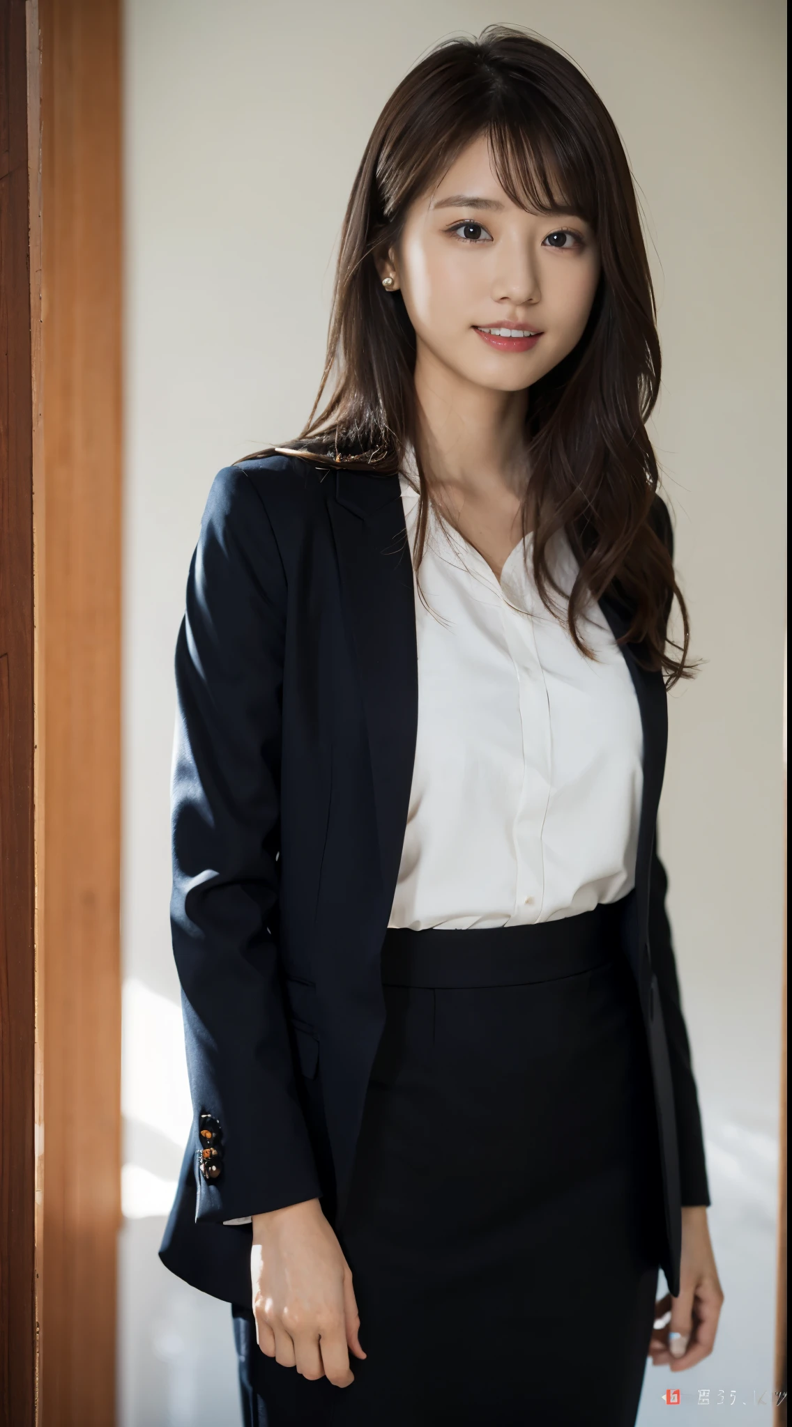 ultra best quality、in 8K、masuter piece、Professionally taken photos,masterpiece,Japan at 25 years old ,The best smile,Looking away,Flashy makeup with red eyeshadow,Officelady,Medium chest,Slender body,Black Office Lady Suit(skirt type)、vertically curled brown hair、eye glass、Change clothes in the changing room、