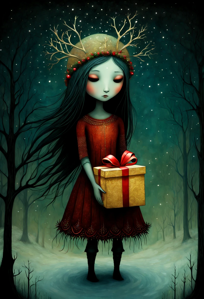 (by Andy Kehoe:1.4), girl with Christmas gift, intricate, (masterpiece, Representative work, official art, Professional, unity 8k wallpaper:1.3)