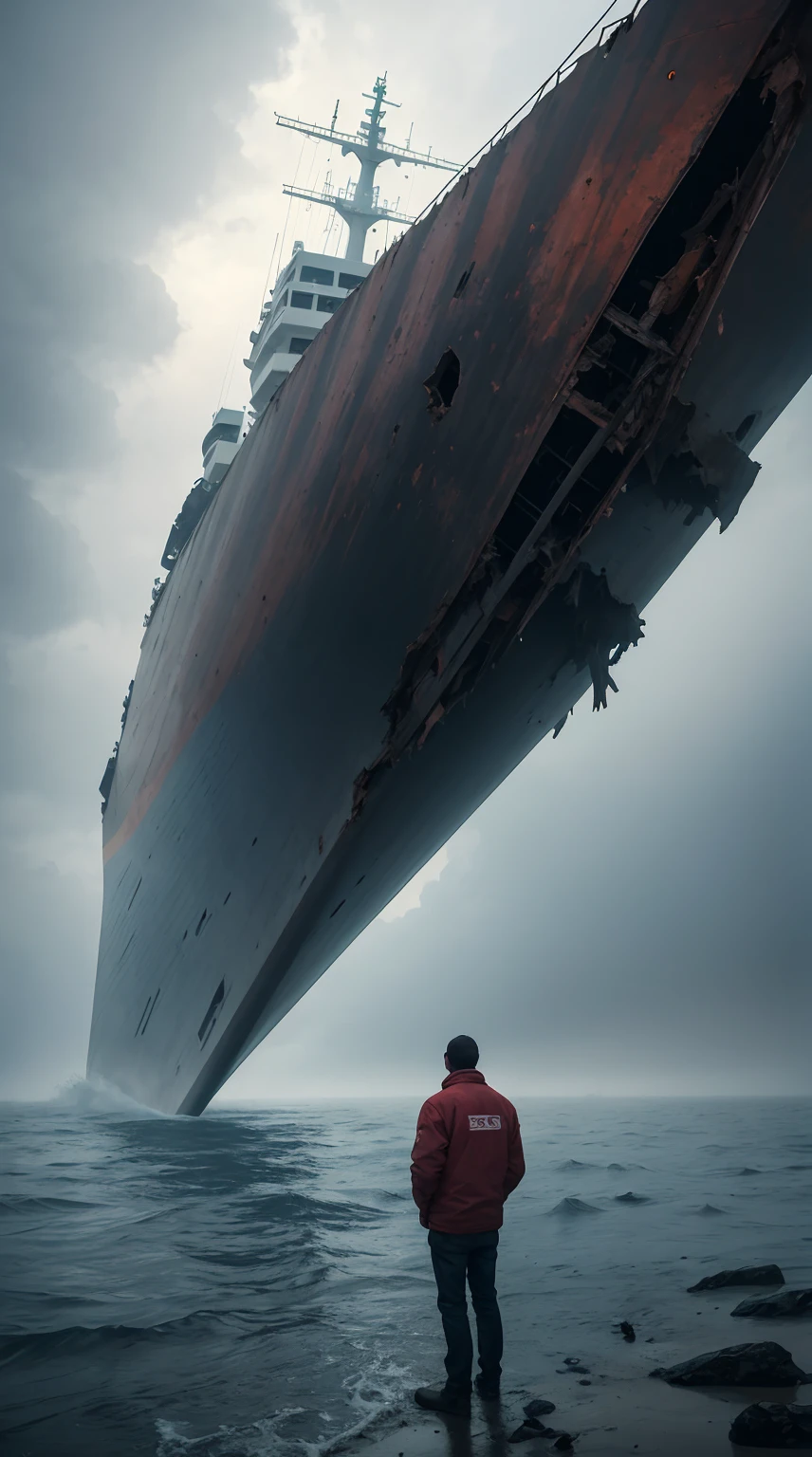 arafed man standing on the beach looking at a ship in the fog, standing in a space ship wreck, standing in a maelstrom, atmoshperic, ships, destroyed ship, frank moth, portrait of a sunken ship, a ship lost in a storm, ghost giant above the horizon, alien ship wreck, lost in the void, sad man
