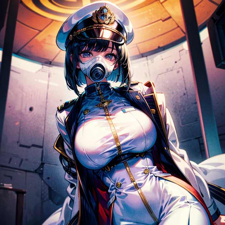 (((masterpiece)))、(((top-quality)))、((highly detailed unity 8kwall-paper))、(Illustration of one woman)、30-years old、(Viceroy)、Black hair bob cut、((Face covering gas mask))、Gray eyes、((Sanpaku eyes))、((Tall))、((huge tit))、((Military uniforms))、((Military Cap))、((Military coat))、(white clothes)、(White pants)、(White cap)、trench coat、((Inside the spaceship))