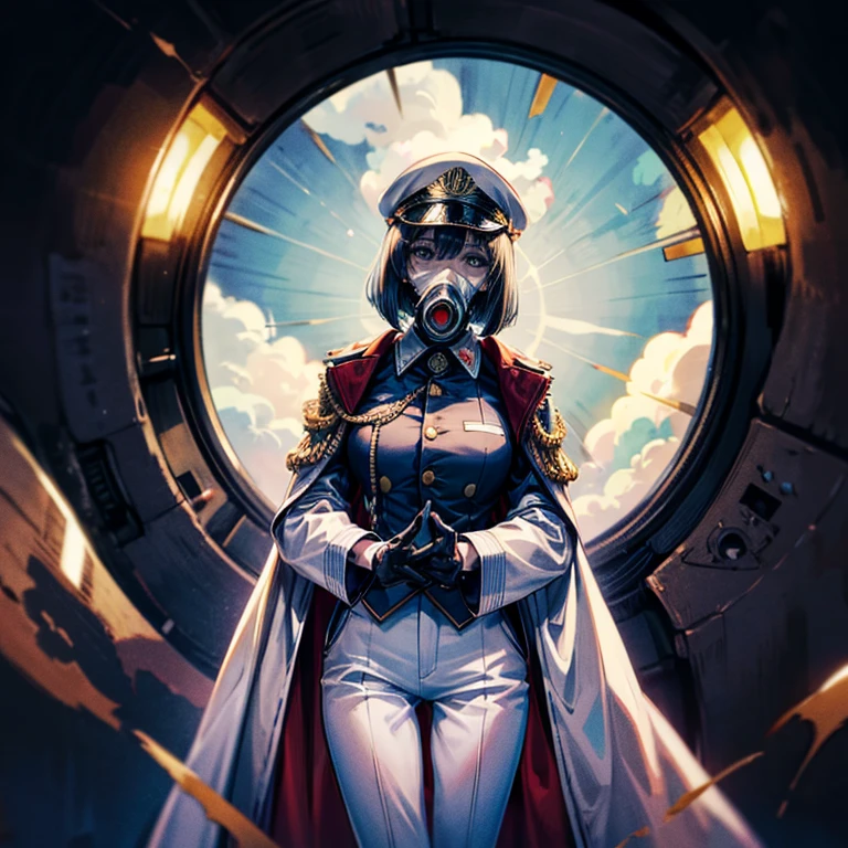 （（（​masterpiece）））、（（（top-quality）））、（（highly detailed unity 8ｋwall-paper））、（Illustration of one woman）、30-years old、（Viceroy）、Black hair bob cut、（（Face covering gas mask））、Gray eyes、（（Sanpaku eyes））、（（Tall））、（（huge tit））、（（Military uniforms））、（（Military Cap））、（（Military coat））、（white  clothes）、（White pants）、（White cap）、trench coat、（（Inside the spaceship））