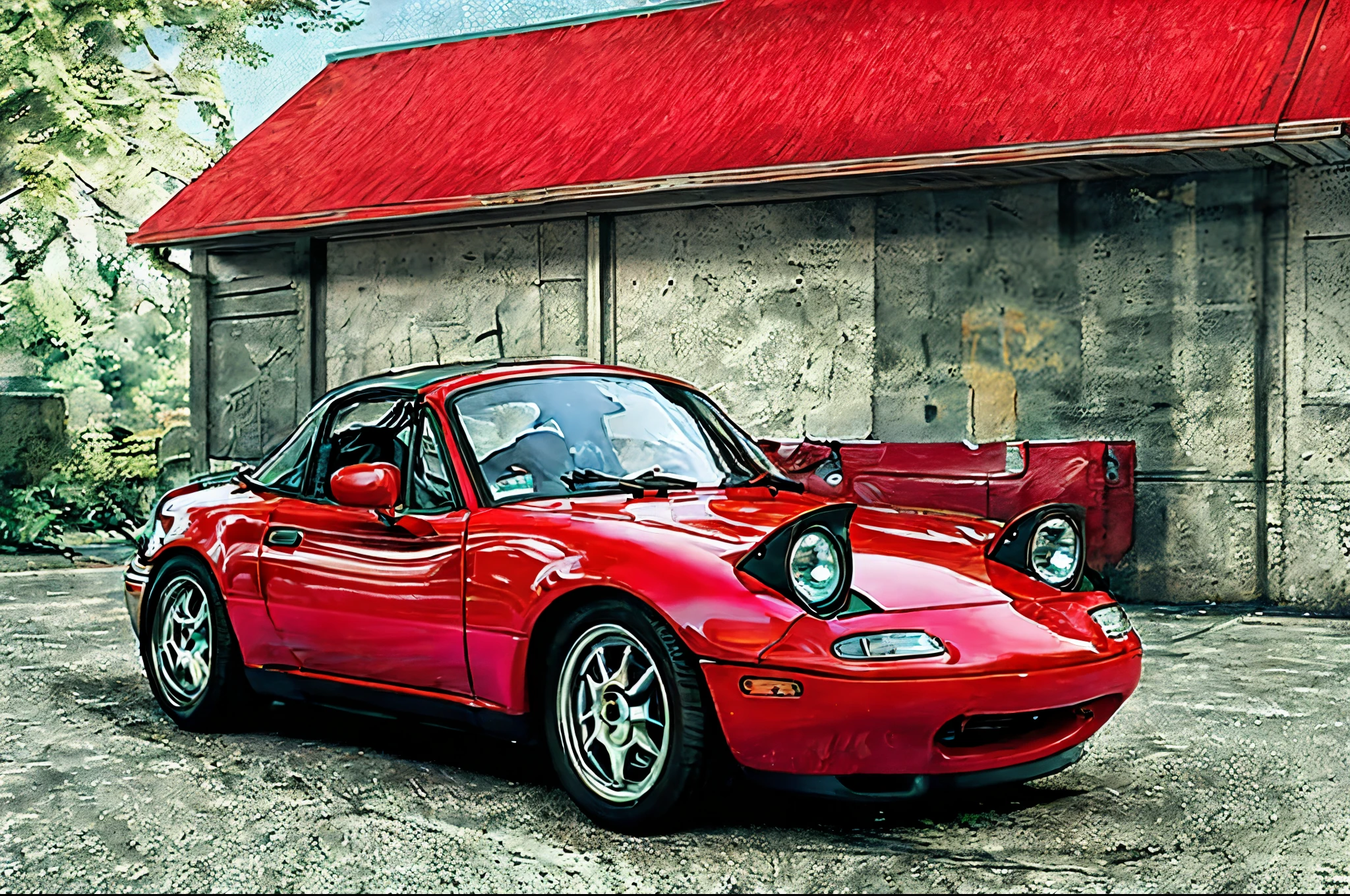 The Allafard RED Porsche 964 is parked in front of the garage, Highly detailed hyperreal retro, Porsche 964, Porsche 964,, Ultra-detailed 3D rendering, Ultra-detailed 3D rendering, Porsche 964, 3D Ultra-Realistic Rendering, veranda, hyper realistic rendering, hyper realistic 3 d render, hyper real render，Mender，tailed，Porsche 964，