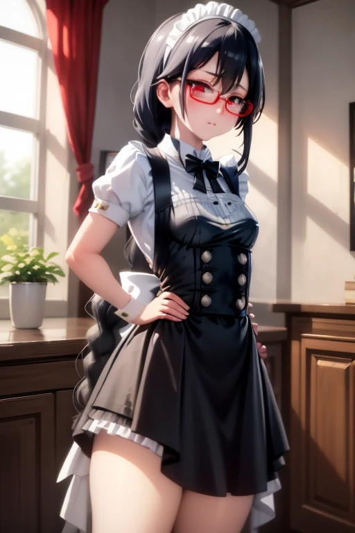 Futanari、Long penis、thick penises、Self、Blue-haired、Red eye、One long braid、Small glasses、Maids、美しいMaids服を着た少女,美麗なMaids服を着た女の子, 完璧な青いMaids服の女の子, Girl with hanging eyes,