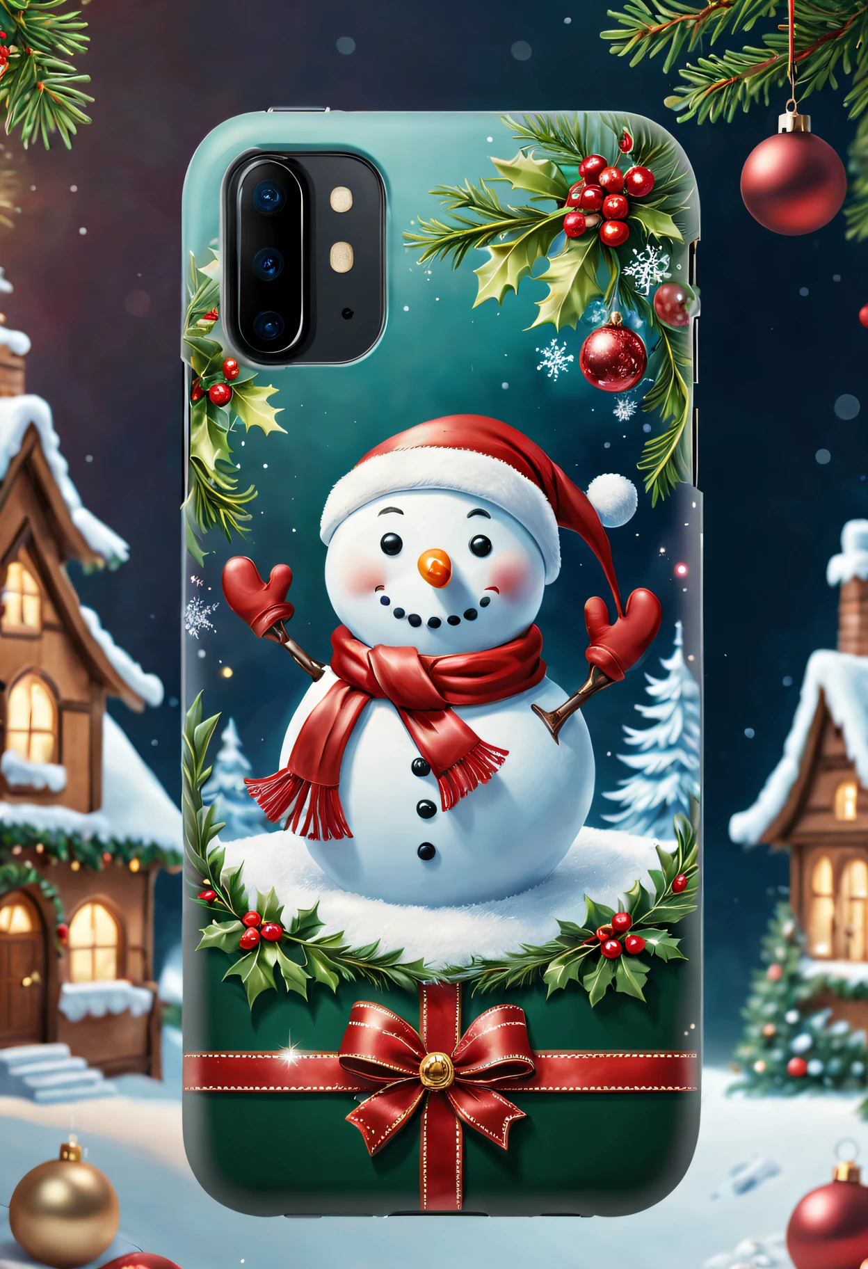 (Best quality at best,4K,8K,A high resolution,tmasterpiece:1.2),ultra - detailed,(actual,photoactual,photo-actual:1.37),Christmas gifts,Christmas phone case,Christmas themed illustrations and designs,Complicated details,Sparkling and vibrant colors,Sparkling lights embellishment,Ornaments and ribbons,delicate snowflakes,Holly leaves and berries,sparkling winter landscape,A joyful and festive atmosphere,Cute Snowman,Delightful Christmas tree,Merry Christmas typography,Comfortable and warm background,The texture is soft and smooth,High quality glossy finish,Perfectly adapted to mobile phones,Quality materials,delicate craftsmanship,limited edition design,delicate craftsmanship细节,Reflection and transparency effects,clear image quality,Precise cutouts for buttons and ports,Unique and eye-catching patterns,A great holiday gift for friends and loved ones.
