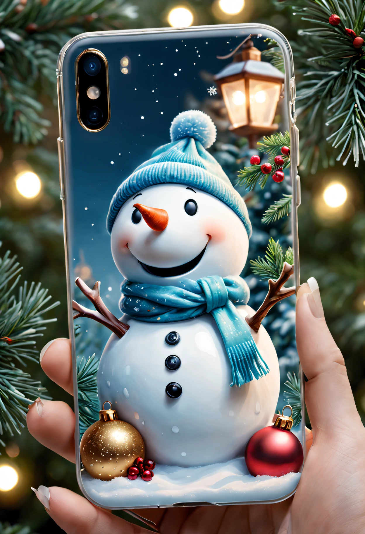 (Best quality at best,4K,8K,A high resolution,tmasterpiece:1.2),ultra - detailed,(actual,photoactual,photo-actual:1.37),Christmas gifts,Christmas phone case,Christmas themed illustrations and designs,Complicated details,Sparkling and vibrant colors,Sparkling lights embellishment,Ornaments and ribbons,delicate snowflakes,Holly leaves and berries,sparkling winter landscape,A joyful and festive atmosphere,toy polar bear,Cute Snowman,Delightful Christmas tree,Merry Christmas typography,Comfortable and warm background,The texture is soft and smooth,High quality glossy finish,Perfectly adapted to mobile phones,Quality materials,delicate craftsmanship,limited edition design,delicate craftsmanship细节,Reflection and transparency effects,clear image quality,Precise cutouts for buttons and ports,Unique and eye-catching patterns,A great holiday gift for friends and loved ones.