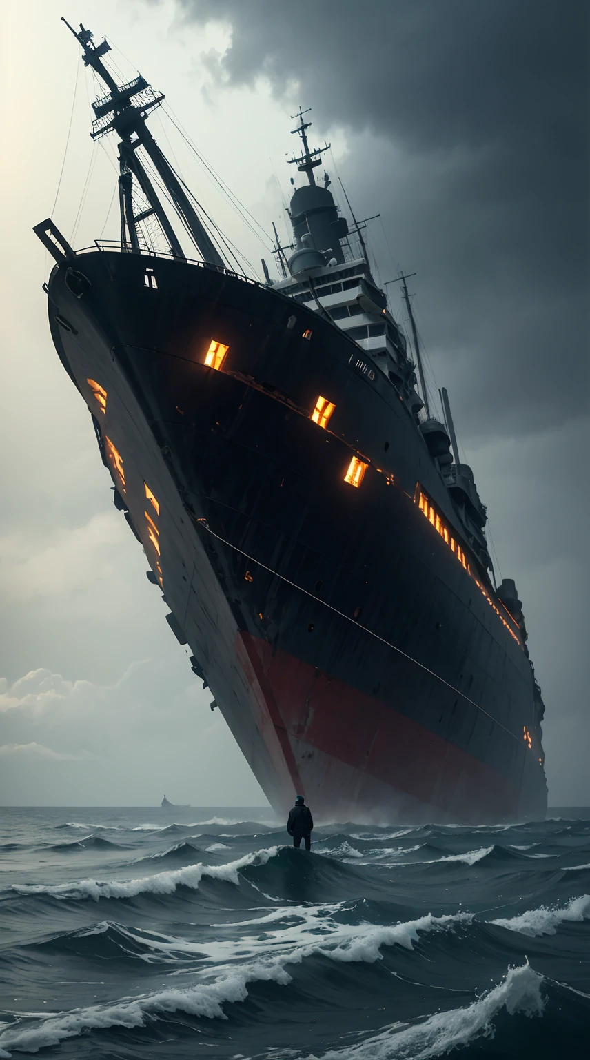 arafed man standing on the beach looking at a ship in the fog, standing in a space ship wreck, standing in a maelstrom, atmoshperic, ships, destroyed ship, frank moth, portrait of a sunken ship, a ship lost in a storm, ghost giant above the horizon, alien ship wreck, lost in the void, sad man