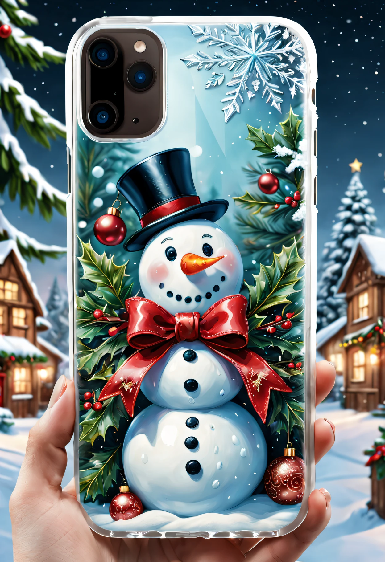 (Best quality at best,4K,8K,A high resolution,tmasterpiece:1.2),ultra - detailed,(actual,photoactual,photo-actual:1.37),Christmas gifts,Christmas phone case,Christmas themed illustrations and designs,Complicated details,Sparkling and vibrant colors,Sparkling lights embellishment,Ornaments and ribbons,delicate snowflakes,Holly leaves and berries,sparkling winter landscape,A joyful and festive atmosphere,Cute Snowman,Delightful Christmas tree,Merry Christmas typography,Comfortable and warm background,The texture is soft and smooth,High quality glossy finish,Perfectly adapted to mobile phones,Quality materials,delicate craftsmanship,limited edition design,delicate craftsmanship细节,Reflection and transparency effects,clear image quality,Precise cutouts for buttons and ports,Unique and eye-catching patterns,A great holiday gift for friends and loved ones.