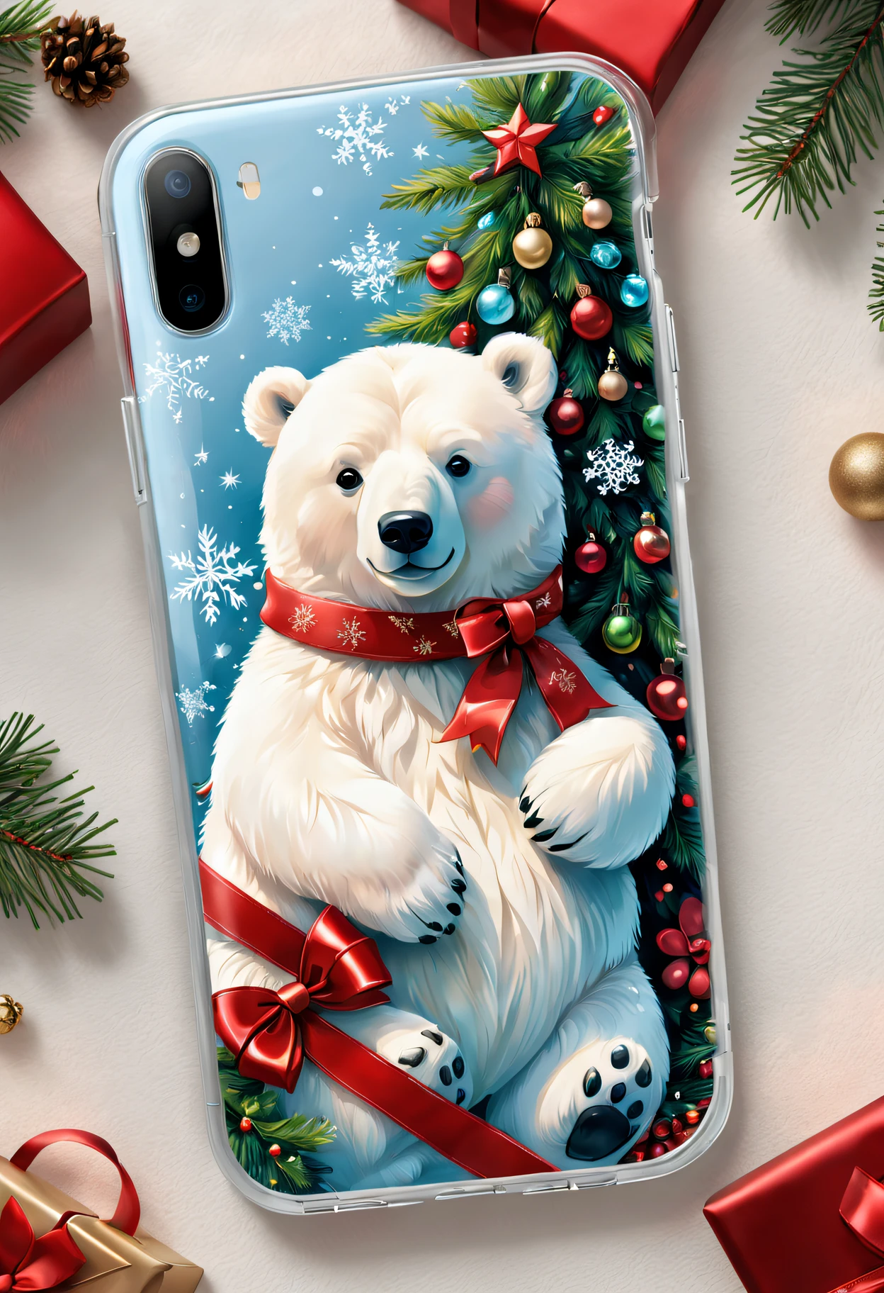 (Best quality at best,4K,8K,A high resolution,tmasterpiece:1.2),ultra - detailed,(actual,photoactual,photo-actual:1.37),Christmas gifts,Christmas phone case,Christmas themed illustrations and designs,Complicated details,Sparkling and vibrant colors,Sparkling lights embellishment,Ornaments and ribbons,delicate snowflakes,Holly leaves and berries,sparkling winter landscape,A joyful and festive atmosphere,toy polar bear,Delightful Christmas tree,Merry Christmas typography,Comfortable and warm background,The texture is soft and smooth,High quality glossy finish,Perfectly adapted to mobile phones,Quality materials,delicate craftsmanship,limited edition design,delicate craftsmanship细节,Reflection and transparency effects,clear image quality,Precise cutouts for buttons and ports,Unique and eye-catching patterns,A great holiday gift for friends and loved ones.