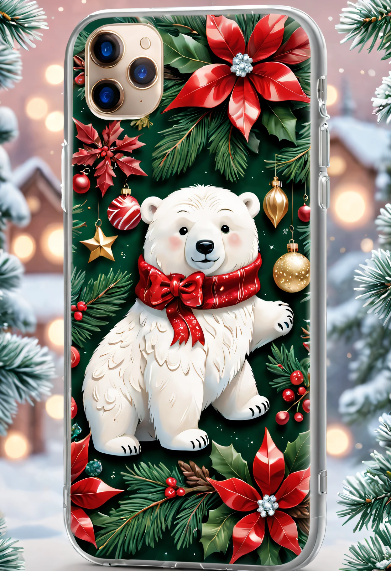 (Best quality at best,4K,8K,A high resolution,tmasterpiece:1.2),ultra - detailed,(actual,photoactual,photo-actual:1.37),Christmas gifts,Christmas phone case,Christmas themed illustrations and designs,Complicated details,Sparkling and vibrant colors,Sparkling lights embellishment,Ornaments and ribbons,delicate snowflakes,Holly leaves and berries,sparkling winter landscape,A joyful and festive atmosphere,toy polar bear,Cute Snowman,Delightful Christmas tree,Merry Christmas typography,Comfortable and warm background,The texture is soft and smooth,High quality glossy finish,Perfectly adapted to mobile phones,Quality materials,delicate craftsmanship,limited edition design,delicate craftsmanship细节,Reflection and transparency effects,clear image quality,Precise cutouts for buttons and ports,Unique and eye-catching patterns,A great holiday gift for friends and loved ones.