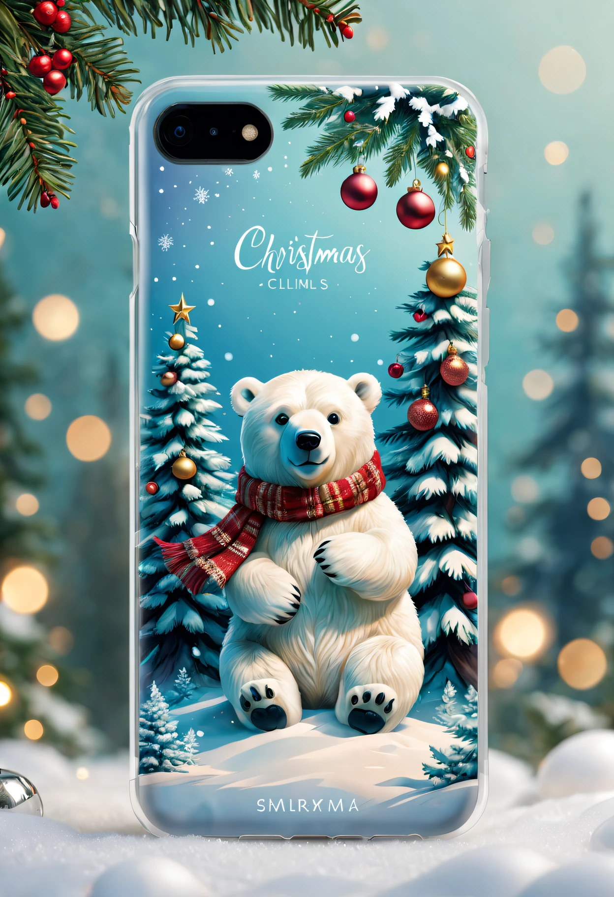 (Best quality at best,4K,8K,A high resolution,tmasterpiece:1.2),ultra - detailed,(actual,photoactual,photo-actual:1.37),Christmas gifts,Christmas phone case,Christmas themed illustrations and designs,Complicated details,Sparkling and vibrant colors,Sparkling lights embellishment,Ornaments and ribbons,delicate snowflakes,Holly leaves and berries,sparkling winter landscape,A joyful and festive atmosphere,toy polar bear,Delightful Christmas tree,Merry Christmas typography,Comfortable and warm background,The texture is soft and smooth,High quality glossy finish,Perfectly adapted to mobile phones,Quality materials,delicate craftsmanship,limited edition design,delicate craftsmanship细节,Reflection and transparency effects,clear image quality,Precise cutouts for buttons and ports,Unique and eye-catching patterns,A great holiday gift for friends and loved ones.