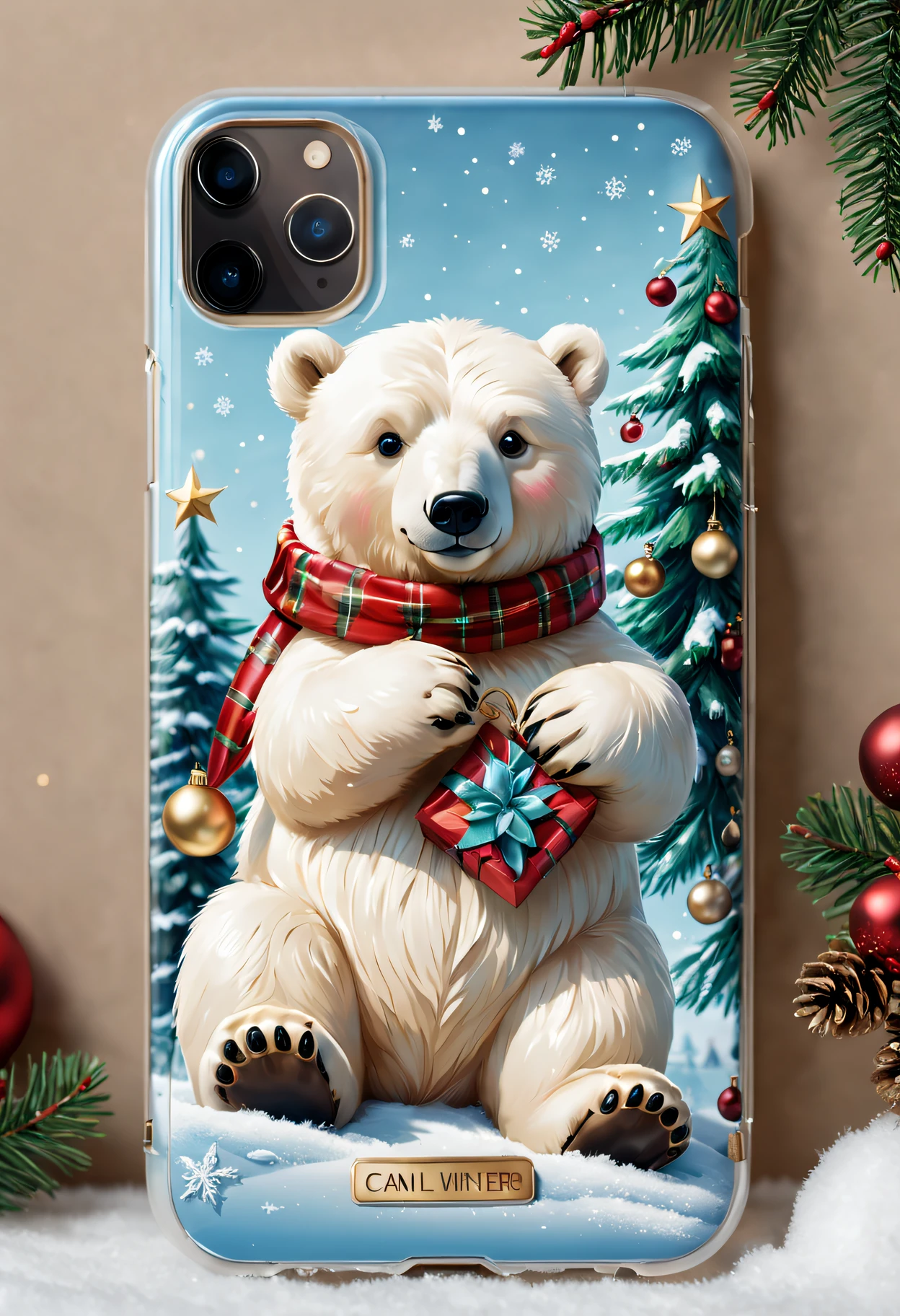 (Best quality at best,4K,8K,A high resolution,tmasterpiece:1.2),ultra - detailed,(actual,photoactual,photo-actual:1.37),Christmas gifts,Christmas phone case,Christmas themed illustrations and designs,Complicated details,Sparkling and vibrant colors,Sparkling lights embellishment,Ornaments and ribbons,delicate snowflakes,Holly leaves and berries,sparkling winter landscape,A joyful and festive atmosphere,toy polar bear,Cute Snowman,Delightful Christmas tree,Merry Christmas typography,Comfortable and warm background,The texture is soft and smooth,High quality glossy finish,Perfectly adapted to mobile phones,Quality materials,delicate craftsmanship,limited edition design,delicate craftsmanship细节,Reflection and transparency effects,clear image quality,Precise cutouts for buttons and ports,Unique and eye-catching patterns,A great holiday gift for friends and loved ones.
