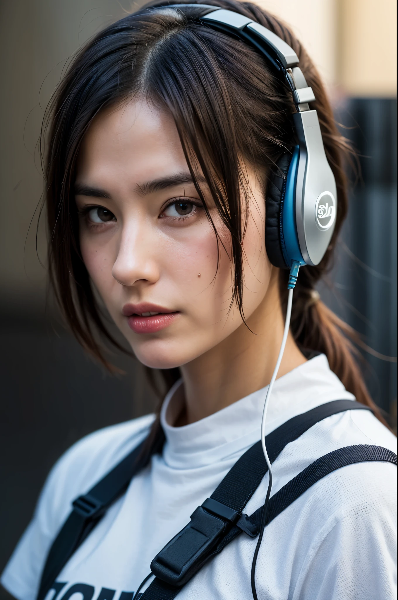 dressed, (photo realistic:1.4), (hyper realistic:1.4), (realistic:1.3),
(smoother lighting:1.05), (increase cinematic lighting quality:0.9), 32K,
1girl,20yo girl, realistic lighting, backlighting, light on the face, ray trace, (brightening light:1.2), (Increase quality:1.4),
(best quality real texture skin:1.4), finely detailed eyes, finely detailed face, finely quality eyes,
(tired and sleepy and satisfied:0.0), face closeup, t-shirt with headphones,
(Increase body line mood:1.1), (Increase skin texture beauty:1.1)