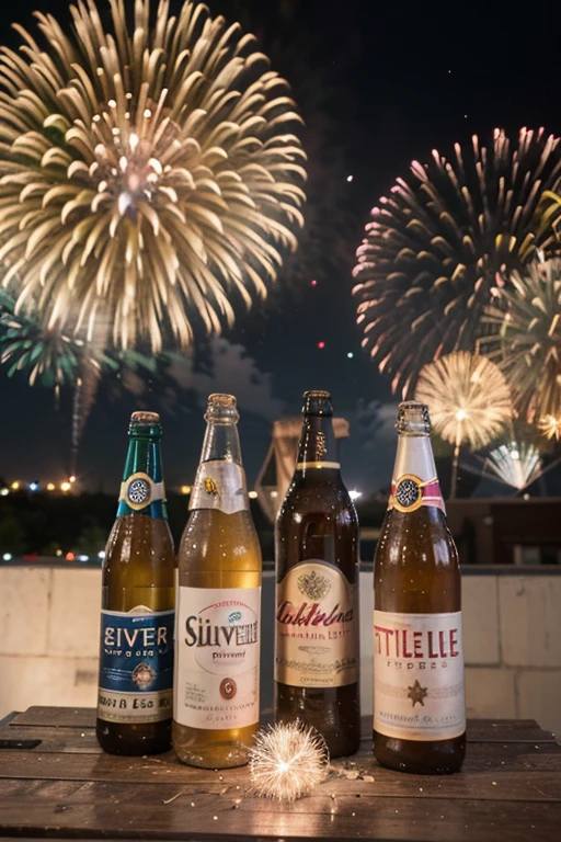 Create a picture for a titele picture with the title saying: "silvester 2023"(with the "3" crossed out, replaced by a "4". In the backgroundshould is a lot of alcohol, empty beer bottles and in the background are fireworks. The titele should be big and easy to read