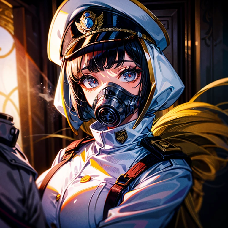 (((masterpiece)))、(((Top image quality)))、(((top-quality)))、((highly detailed unity 8kwall-paper))、(Illustration of one woman)、30-years old、(Viceroy)、Black hair bob cut、((Face covering gas mask))、Gray eyes、((Sanpaku eyes))、((Tall))、((huge tit))、((Military uniforms))、((Military Cap))、((Military coat))、(white clothes)、(White pants)、(White cap)、trench coat、((Inside the spaceship))