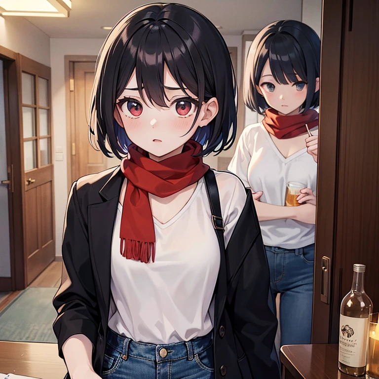 color anime illustration, masterpiece, best quality, highres, ultra detailed, ultra detailed background, high contrast, young woman, short hair, white shirt, blue jeans, sad, frustrated, drinking alcohol, bottle, table, lamp, doorbell, ex-boyfriend, black jacket, red scarf, sorry, night, dim, tense, dramatic, behind, door